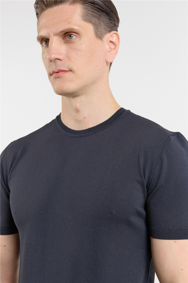 Lacivert Kısa Kol Bisiklet Yaka Basic Slim Fit Tişört 1011250179
