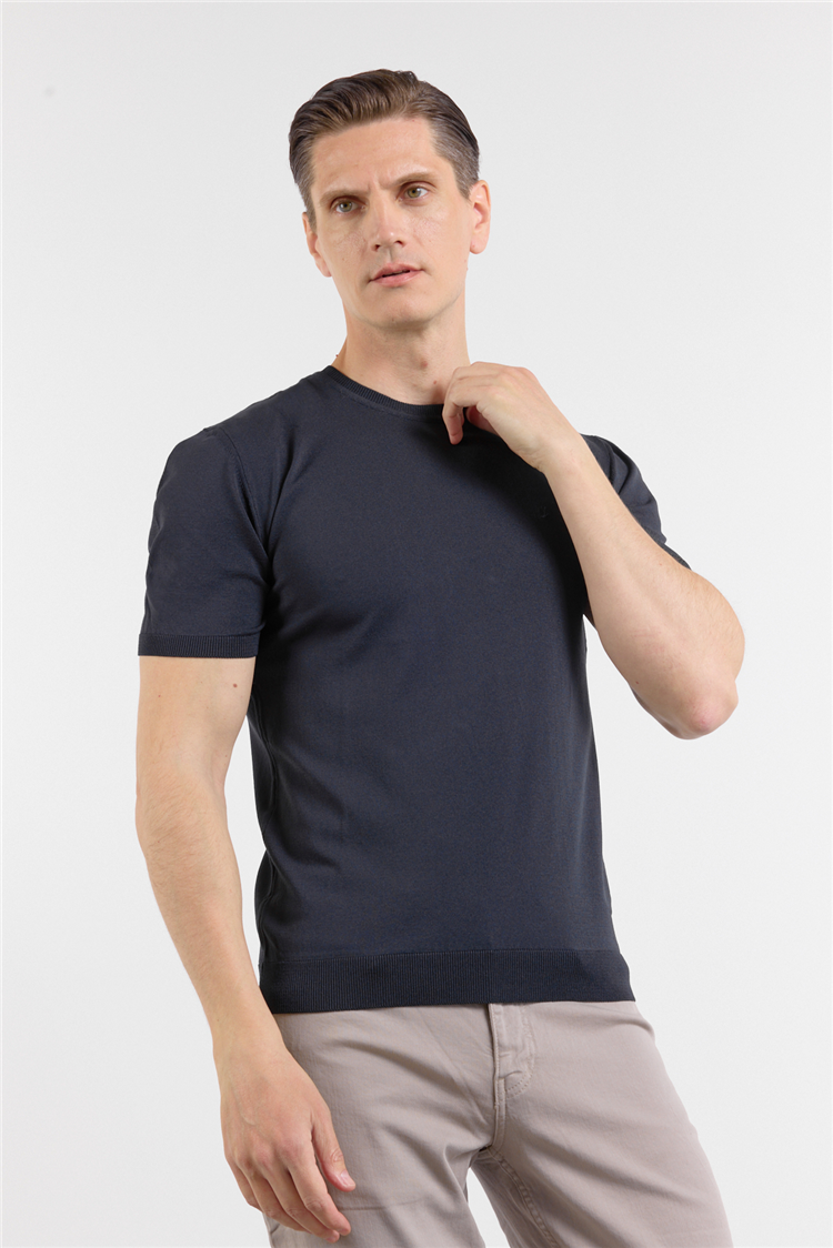 Lacivert Kısa Kol Bisiklet Yaka Basic Slim Fit Tişört 1011250179