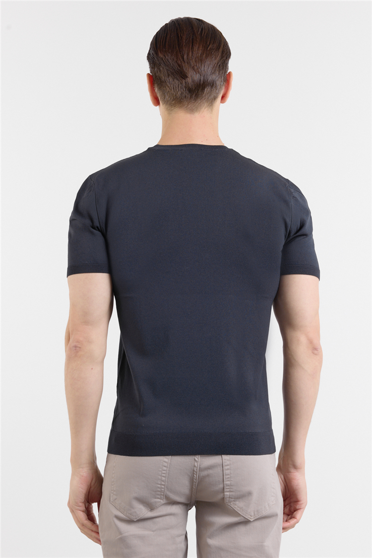 Lacivert Kısa Kol Bisiklet Yaka Basic Slim Fit Tişört 1011250179