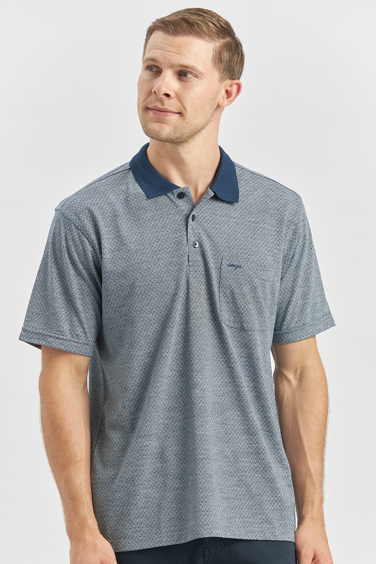 Lacivert Kısa Kol Kendinden Desenli Jakarlı Polo Yaka Classic Comfort Fit Tişört 1011240190