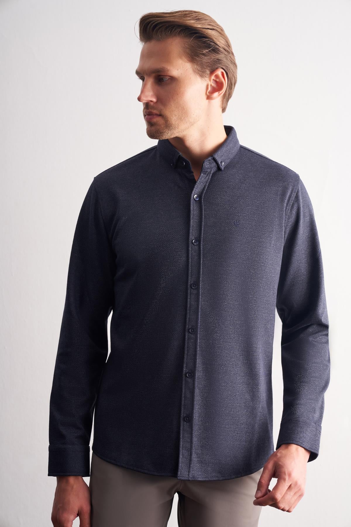Smart Düğmeli Yaka Uzun Kol Cepsiz Slim Fit Casual Gömlek 1004255171