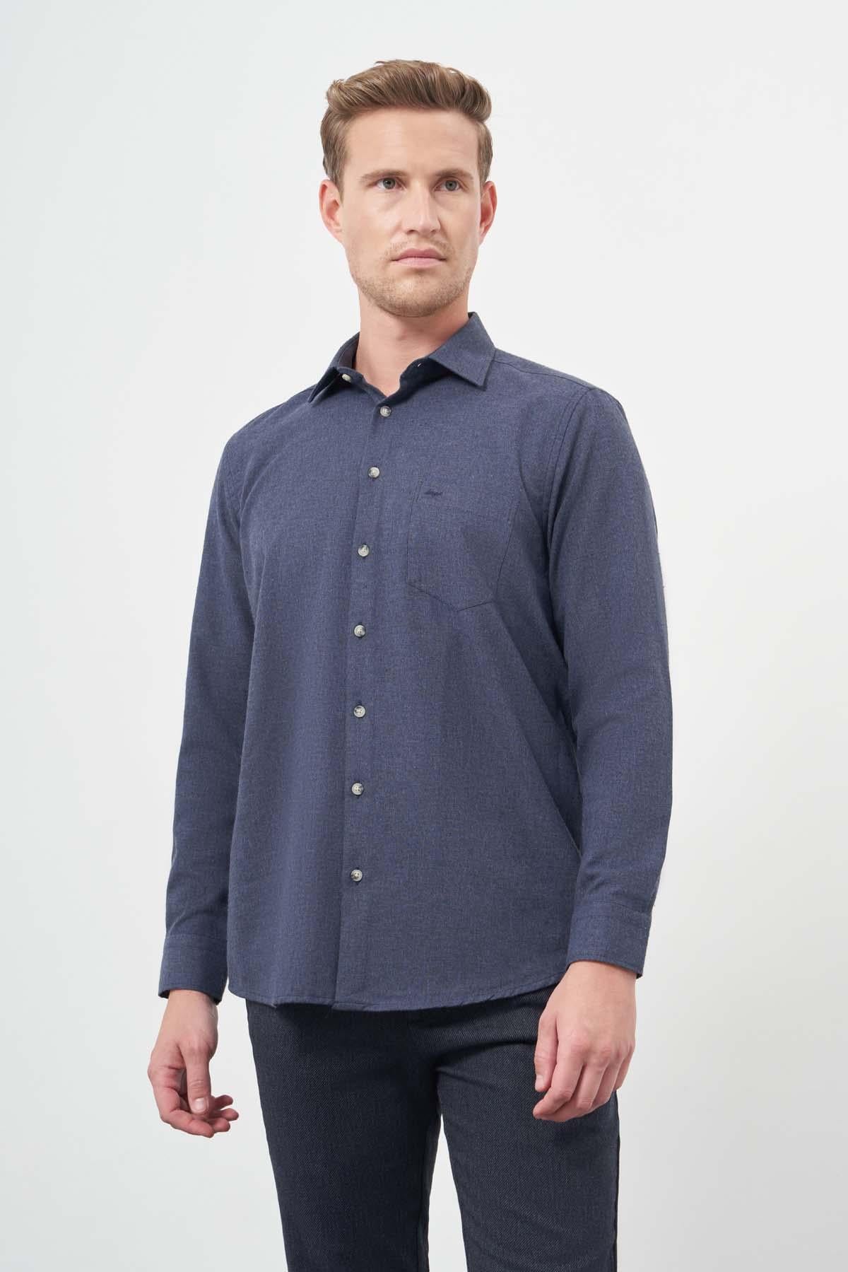Uzun Kol Düz Gabardin Sert Yaka Cepli Pamuklu Classic Comfort Fit Gömlek 1004245168