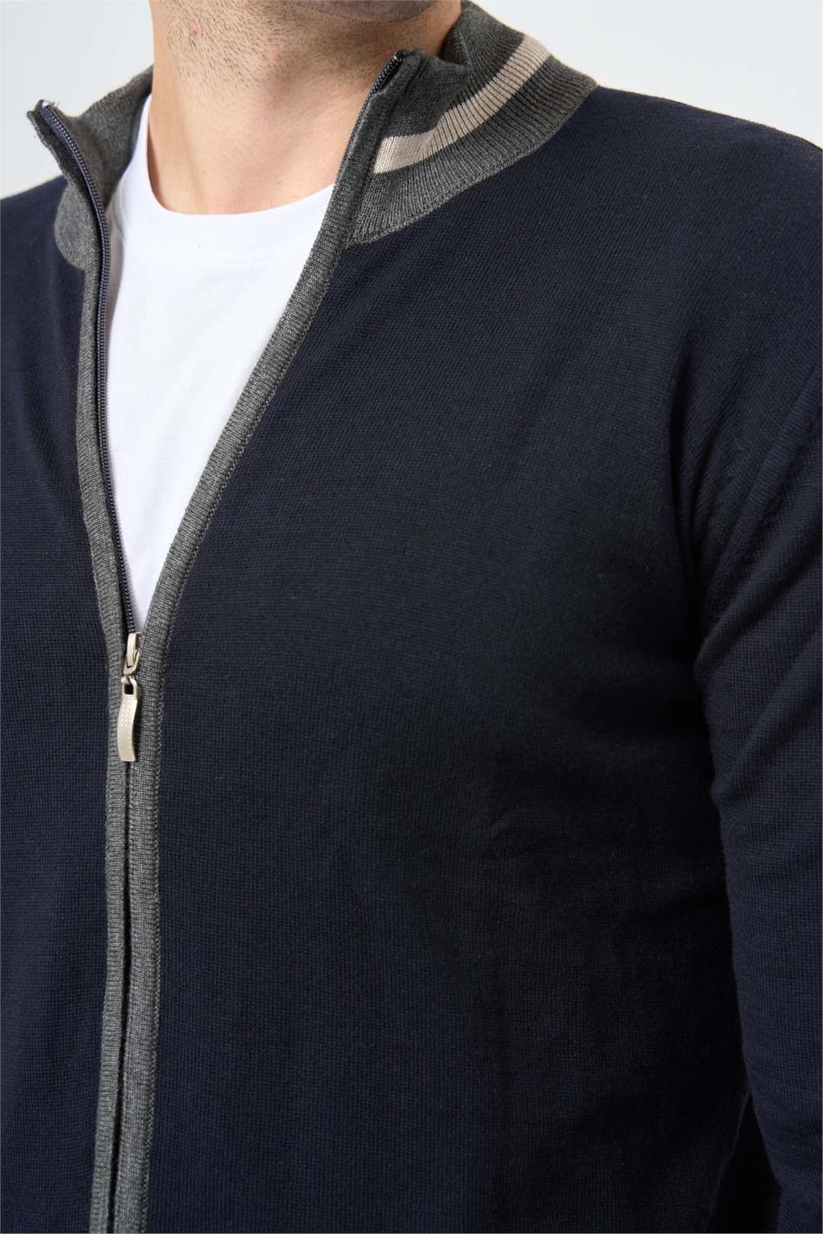 Lacivert Uzun Kol Düz Örme Dik Yaka Classic Slim Fit Triko Hırka 1012245203