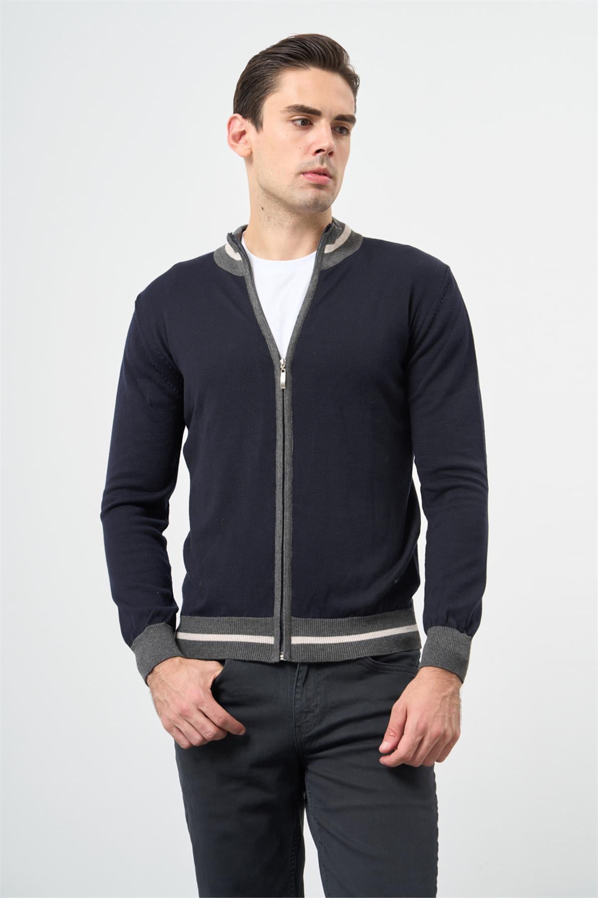 Lacivert Uzun Kol Düz Örme Dik Yaka Classic Slim Fit Triko Hırka 1012245203