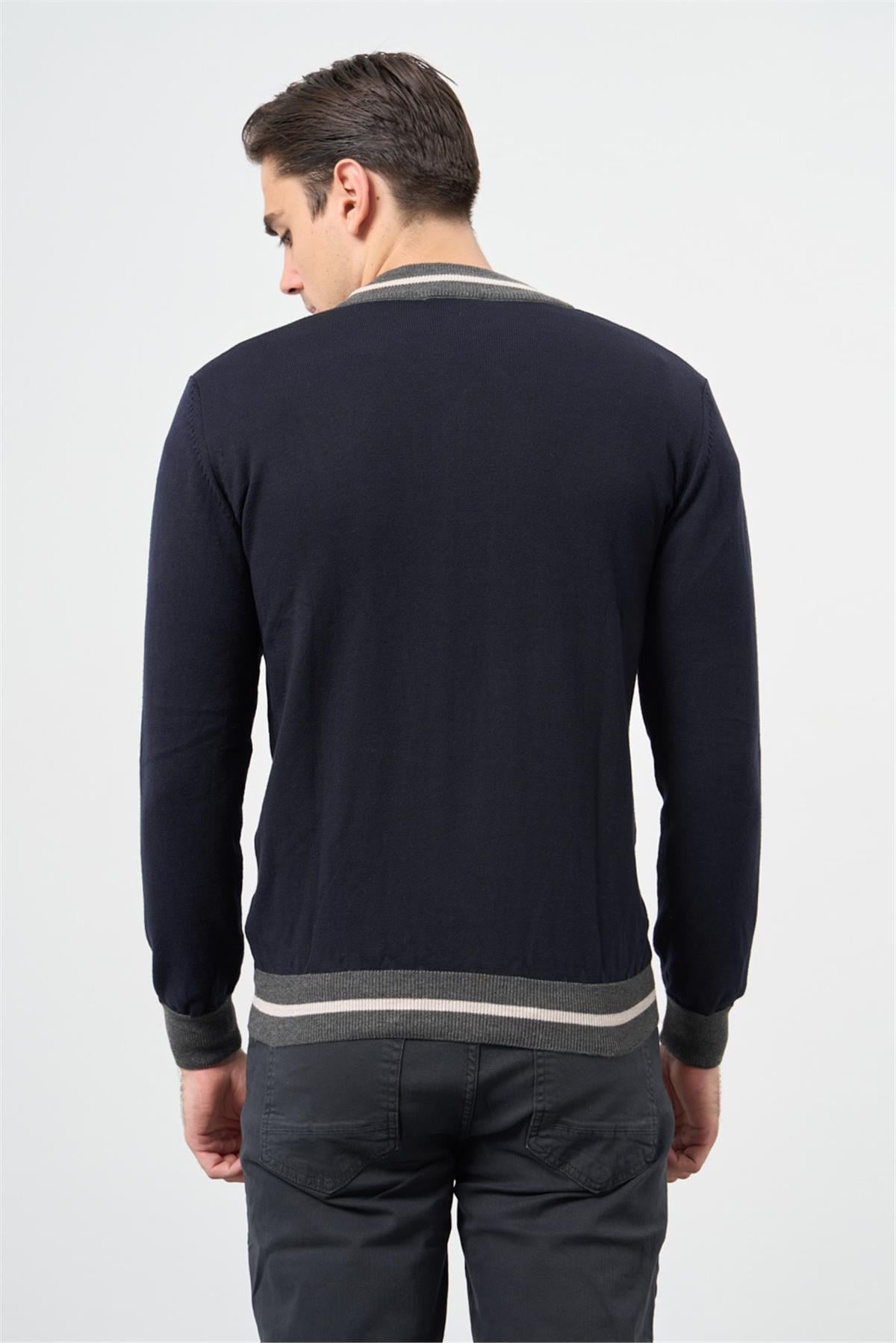 Lacivert Uzun Kol Düz Örme Dik Yaka Classic Slim Fit Triko Hırka 1012245203