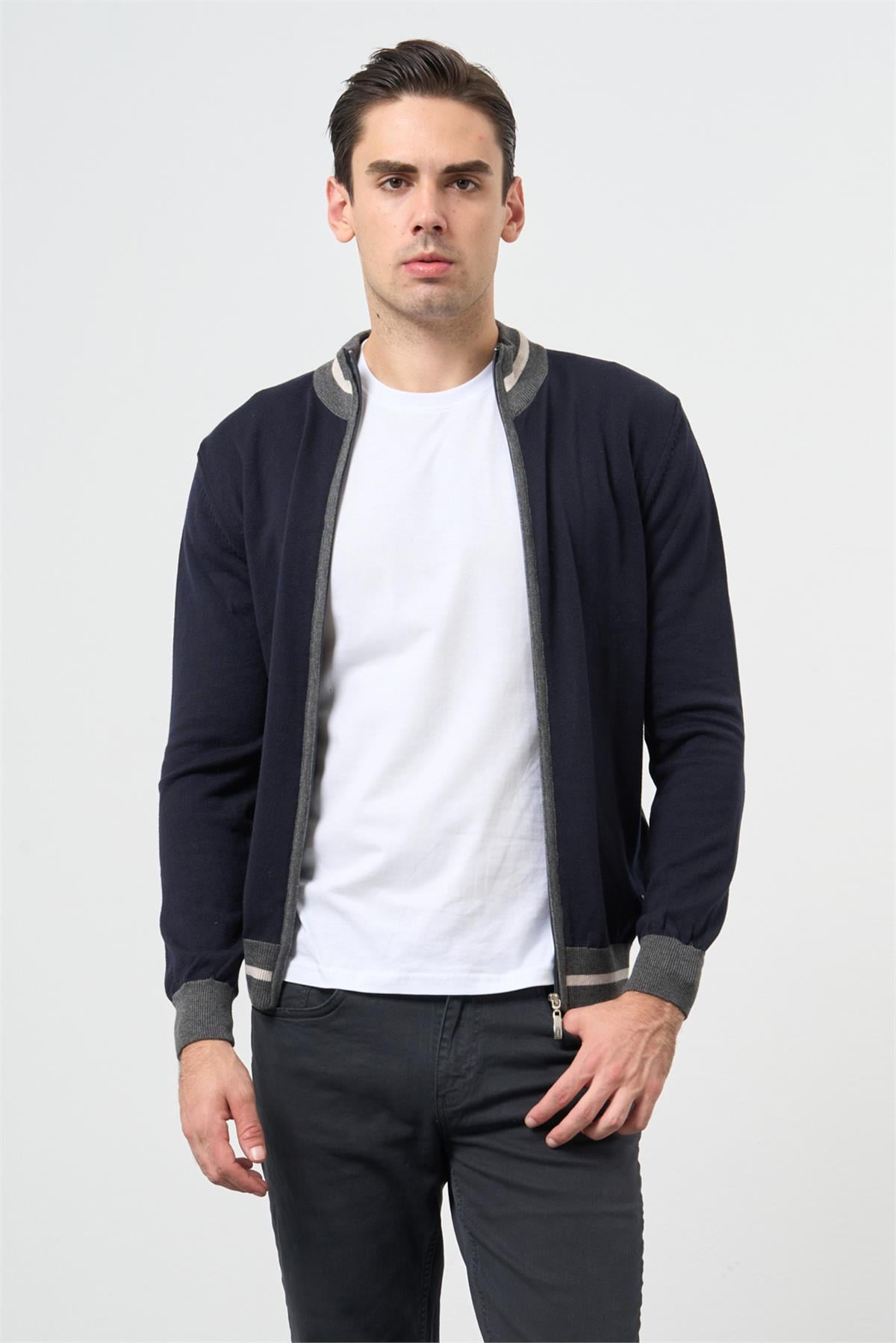 Lacivert Uzun Kol Düz Örme Dik Yaka Classic Slim Fit Triko Hırka 1012245203