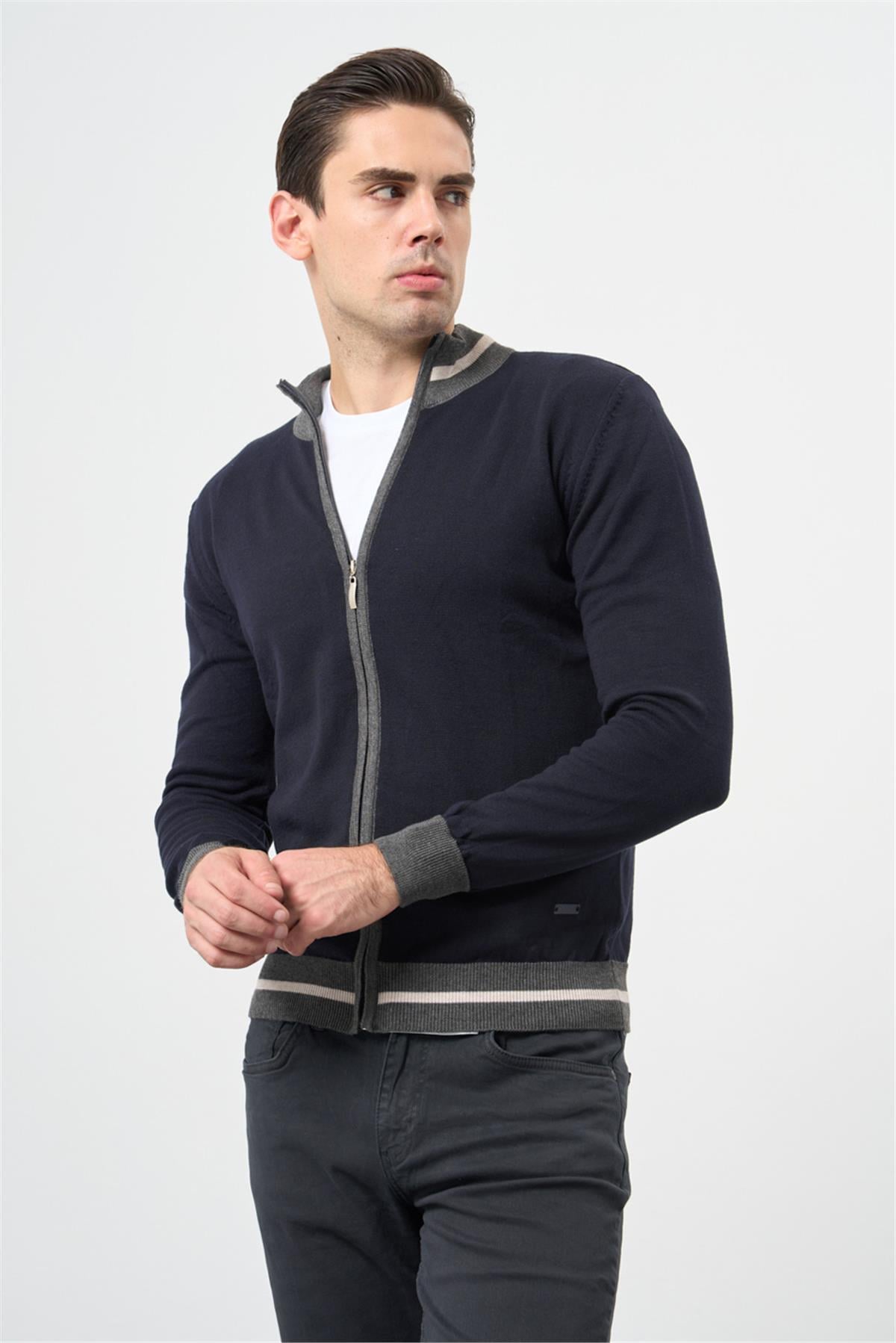 Lacivert Uzun Kol Düz Örme Dik Yaka Classic Slim Fit Triko Hırka 1012245203