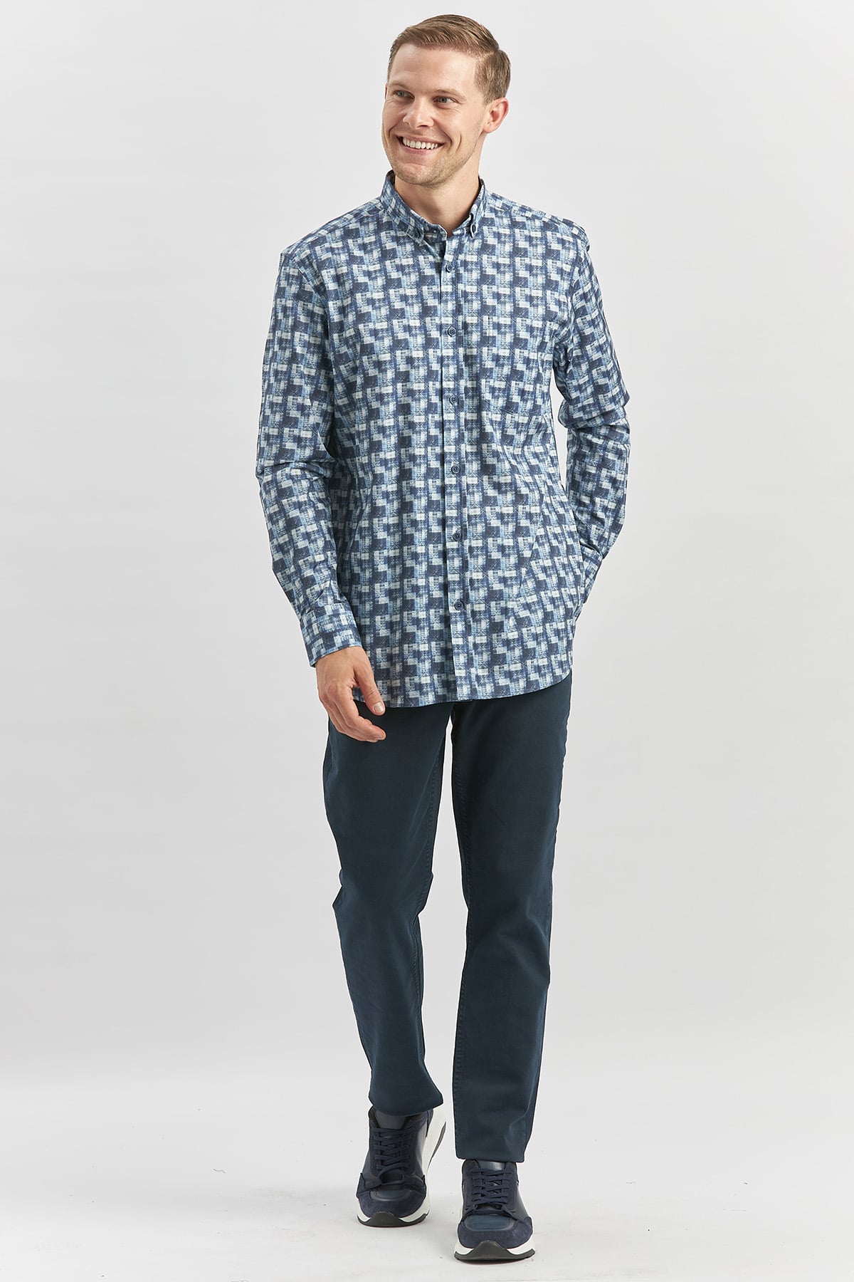Lacivert Uzun Kol Kendinden BASKILI Perfectto Classic Comfort Fit Gömlek 1004240251