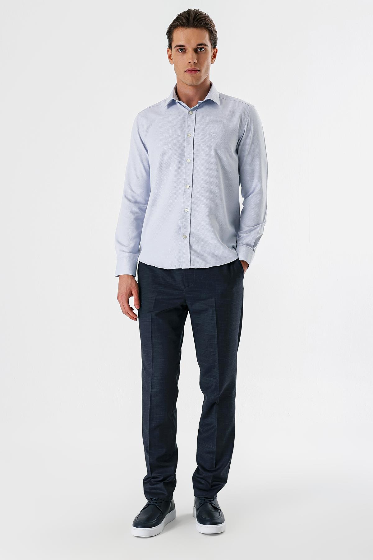 Lacivert Uzun Kollu Armürlü Cepsiz Pamuklu Slim Fit Gömlek 1004235171