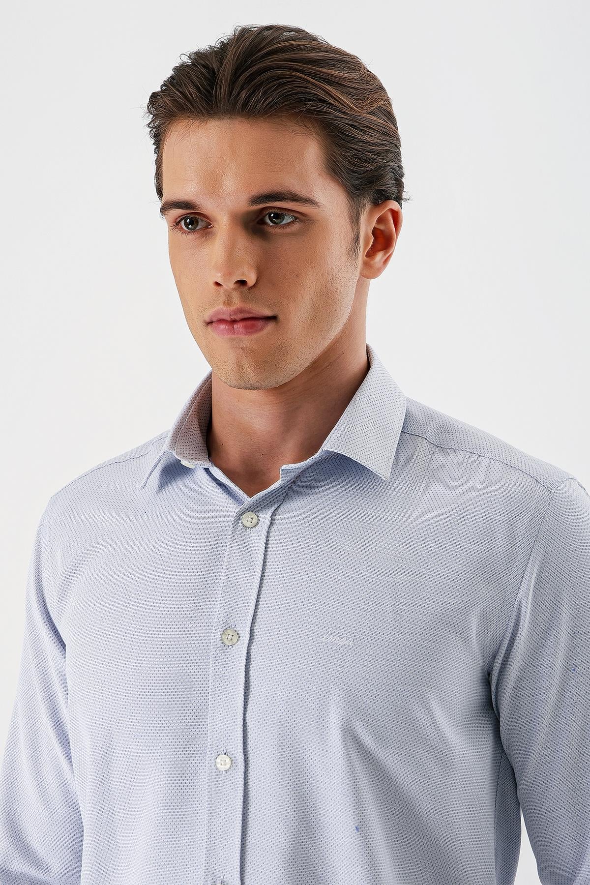 Lacivert Uzun Kollu Armürlü Cepsiz Pamuklu Slim Fit Gömlek 1004235171