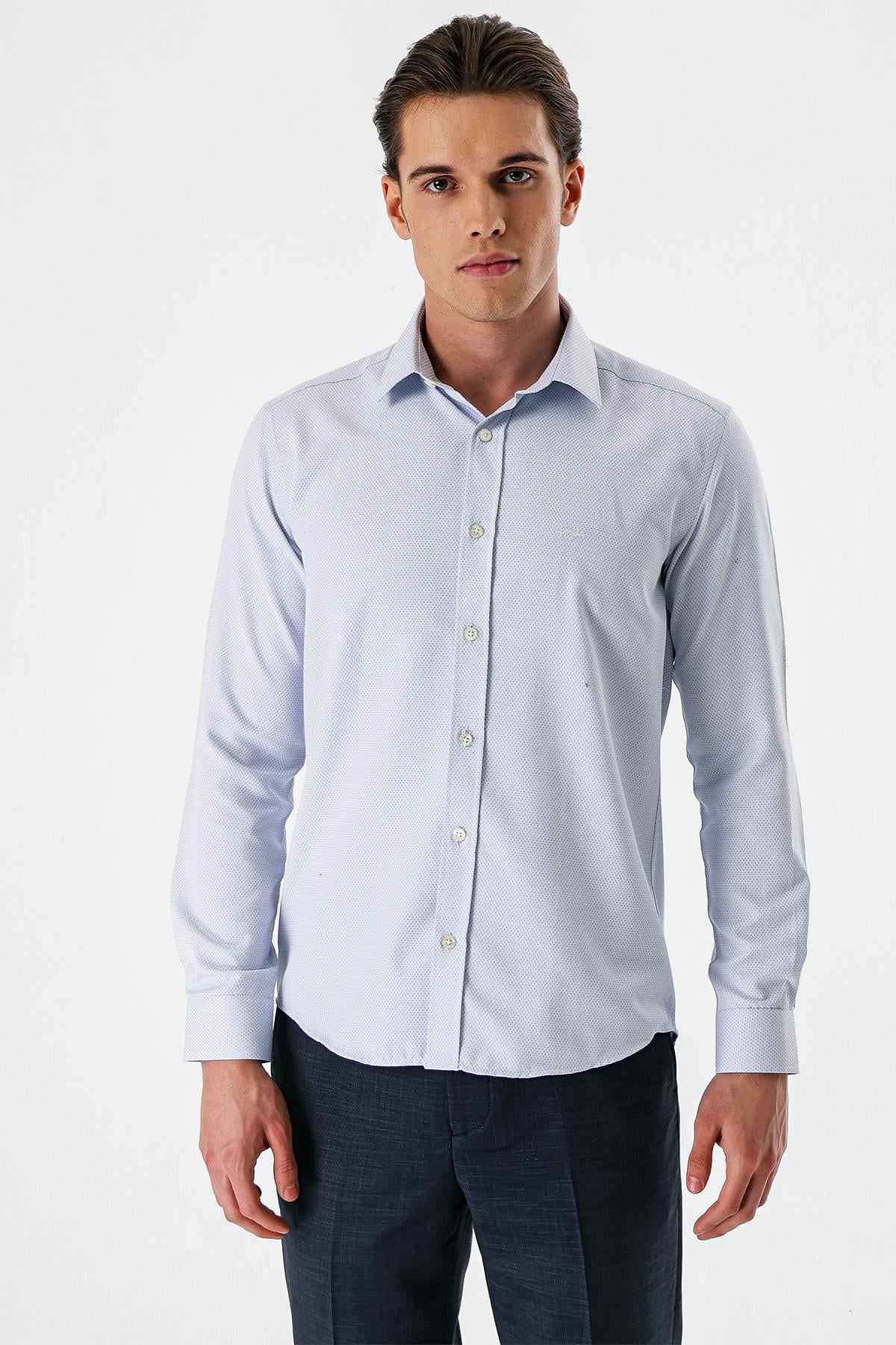 Lacivert Uzun Kollu Armürlü Cepsiz Pamuklu Slim Fit Gömlek 1004235171