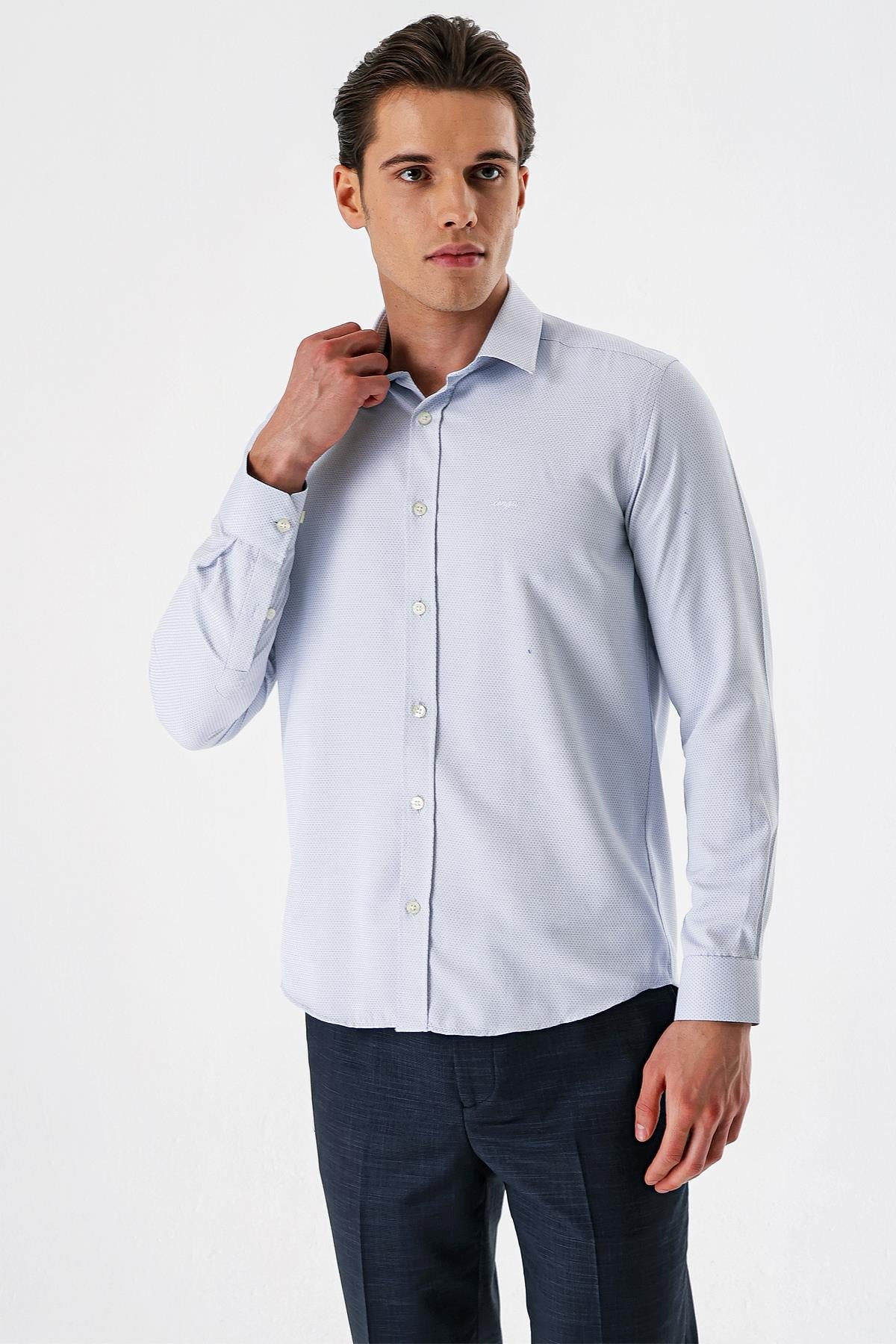 Lacivert Uzun Kollu Armürlü Cepsiz Pamuklu Slim Fit Gömlek 1004235171