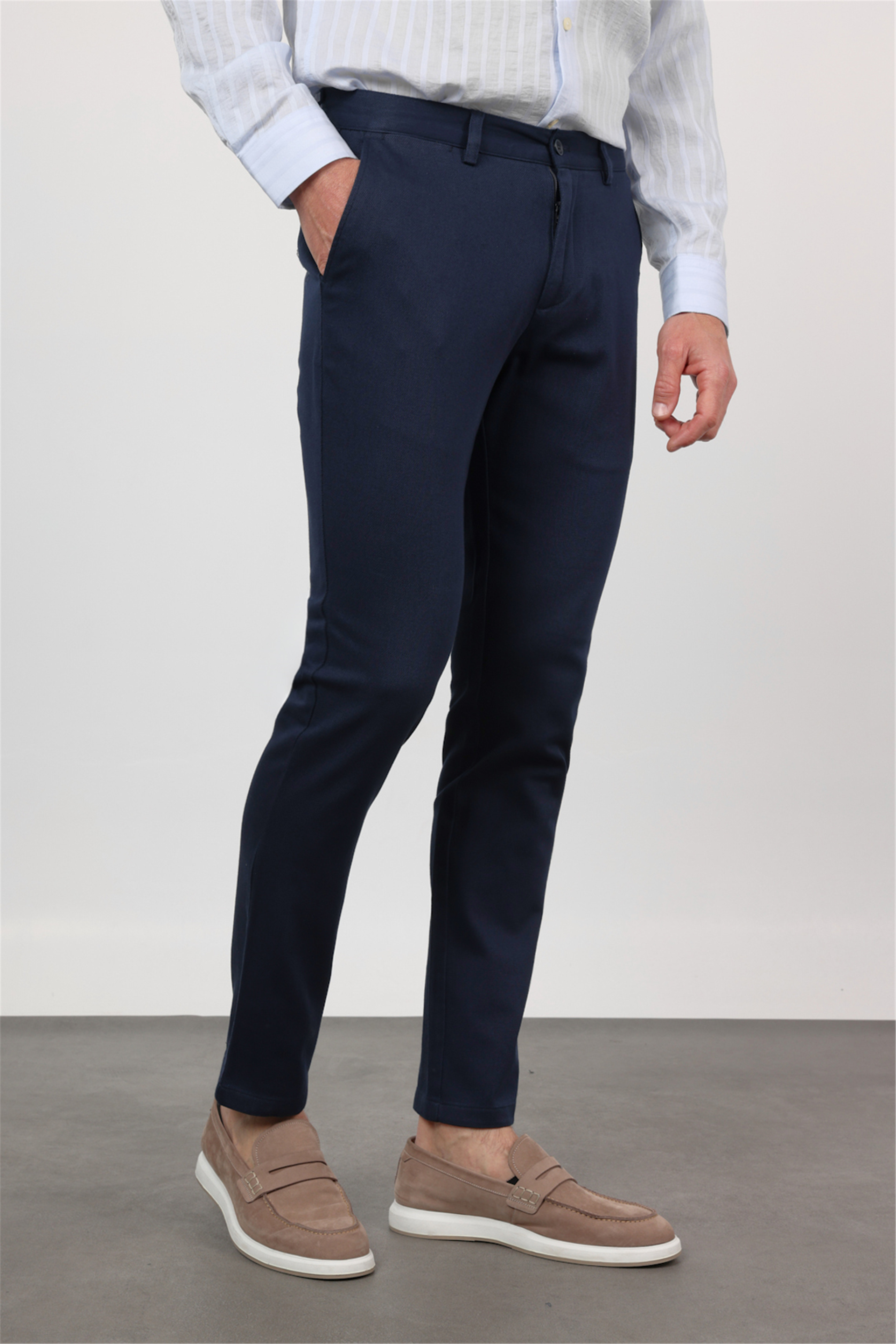Lacivert Yan Cep Düz Paça Armürlü Slim Fit Pamuklu Chino Pantolon 1003260161