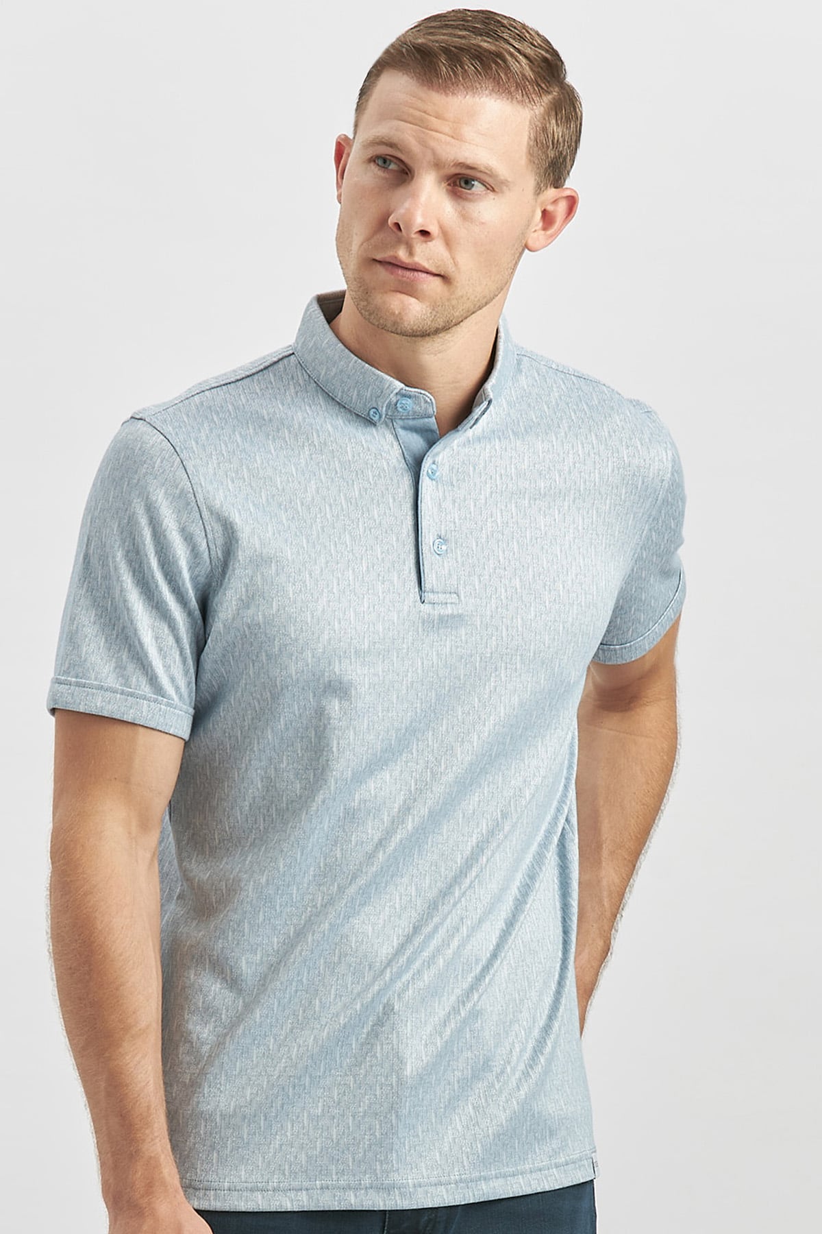 Mavi Desenli Merserize Düğmeli Yaka Pamuklu Casual Slim Fit Dar Kesim Tişört 1011240163