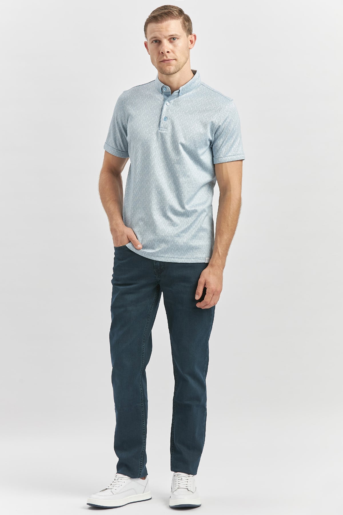 Mavi Desenli Merserize Düğmeli Yaka Pamuklu Casual Slim Fit Dar Kesim Tişört 1011240163