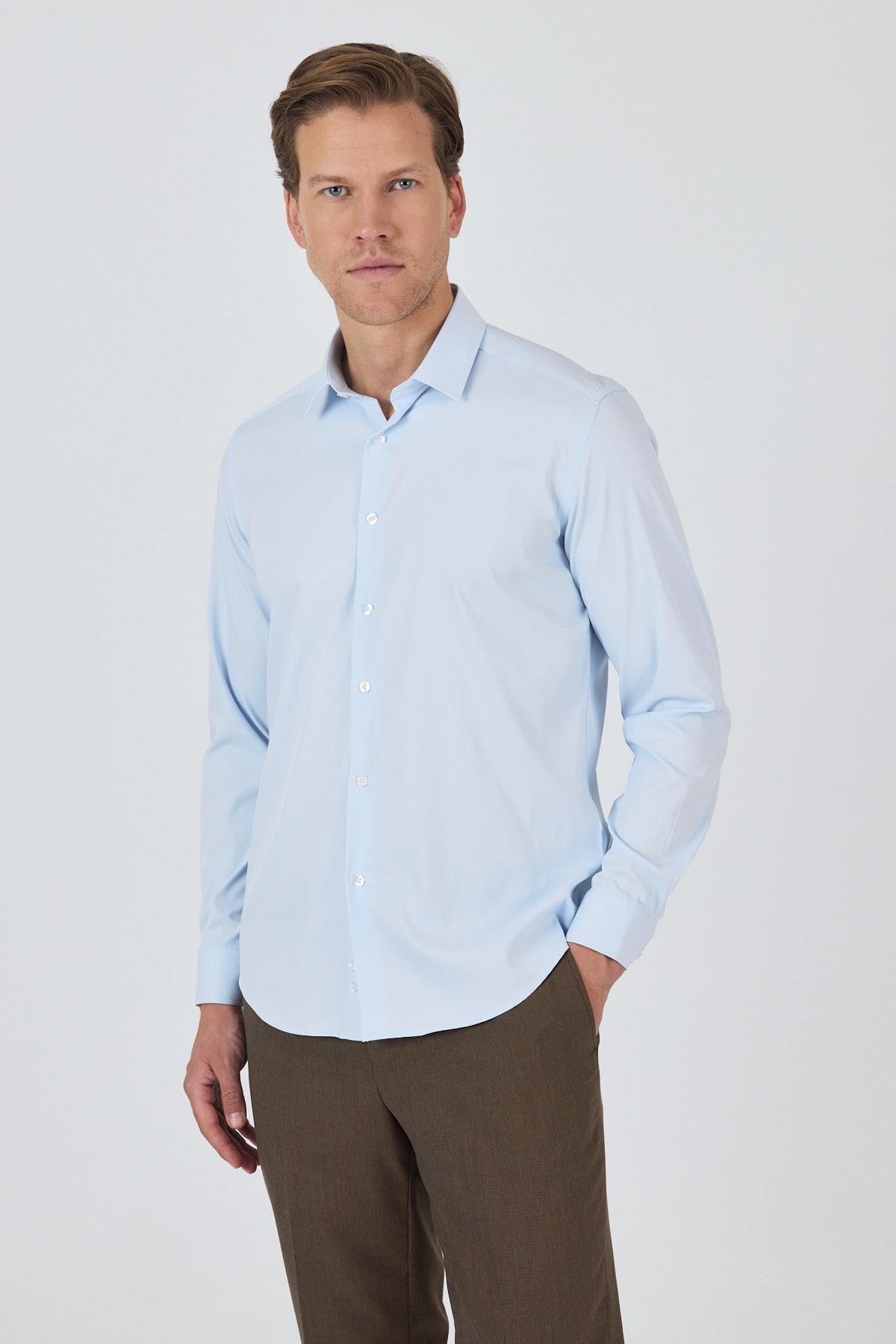 Mavi Sert Yaka Cepsiz Gabardin Uzun Kol Slim Fit Esnek Gömlek 1004250234