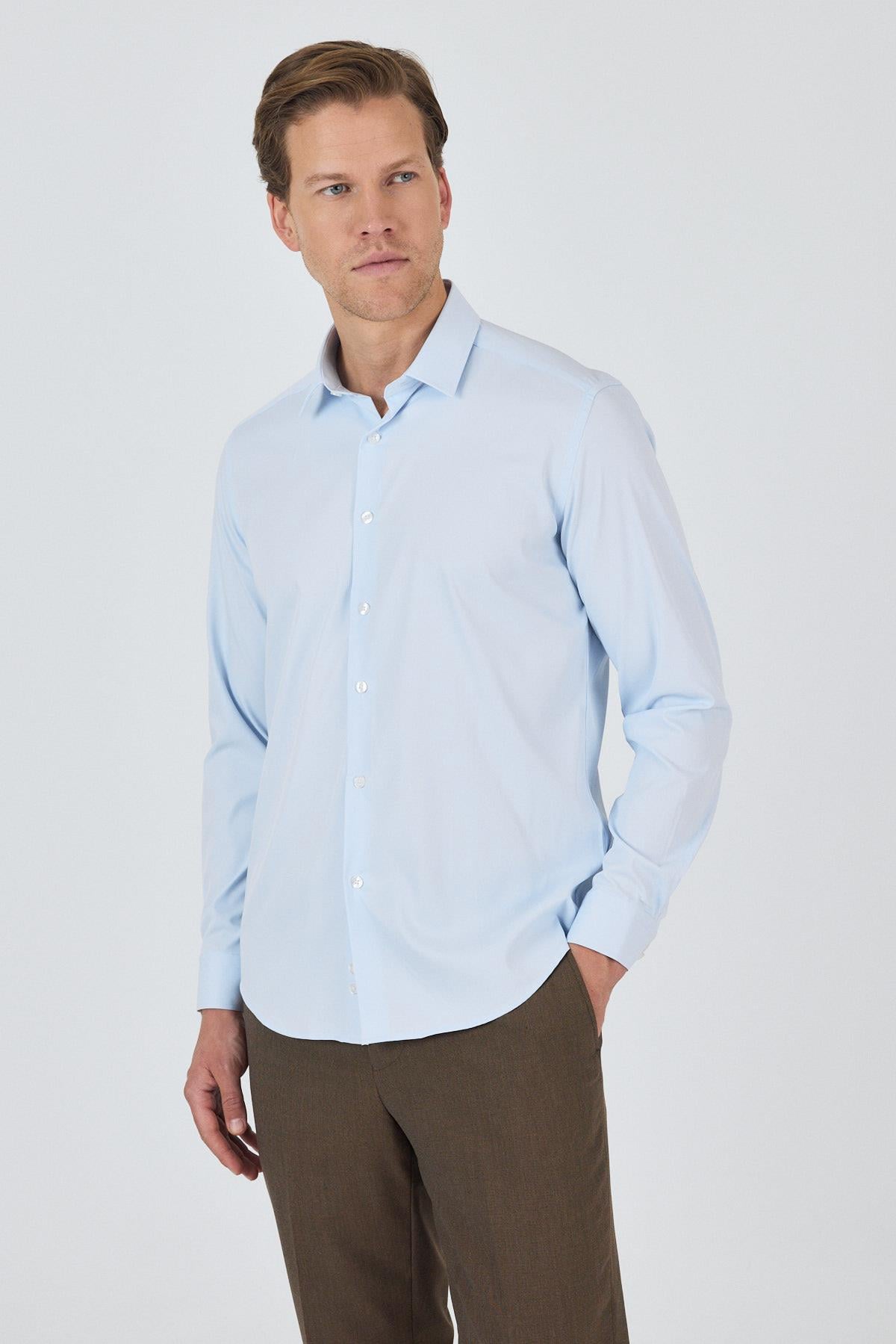 Mavi Sert Yaka Cepsiz Gabardin Uzun Kol Slim Fit Esnek Gömlek 1004250234