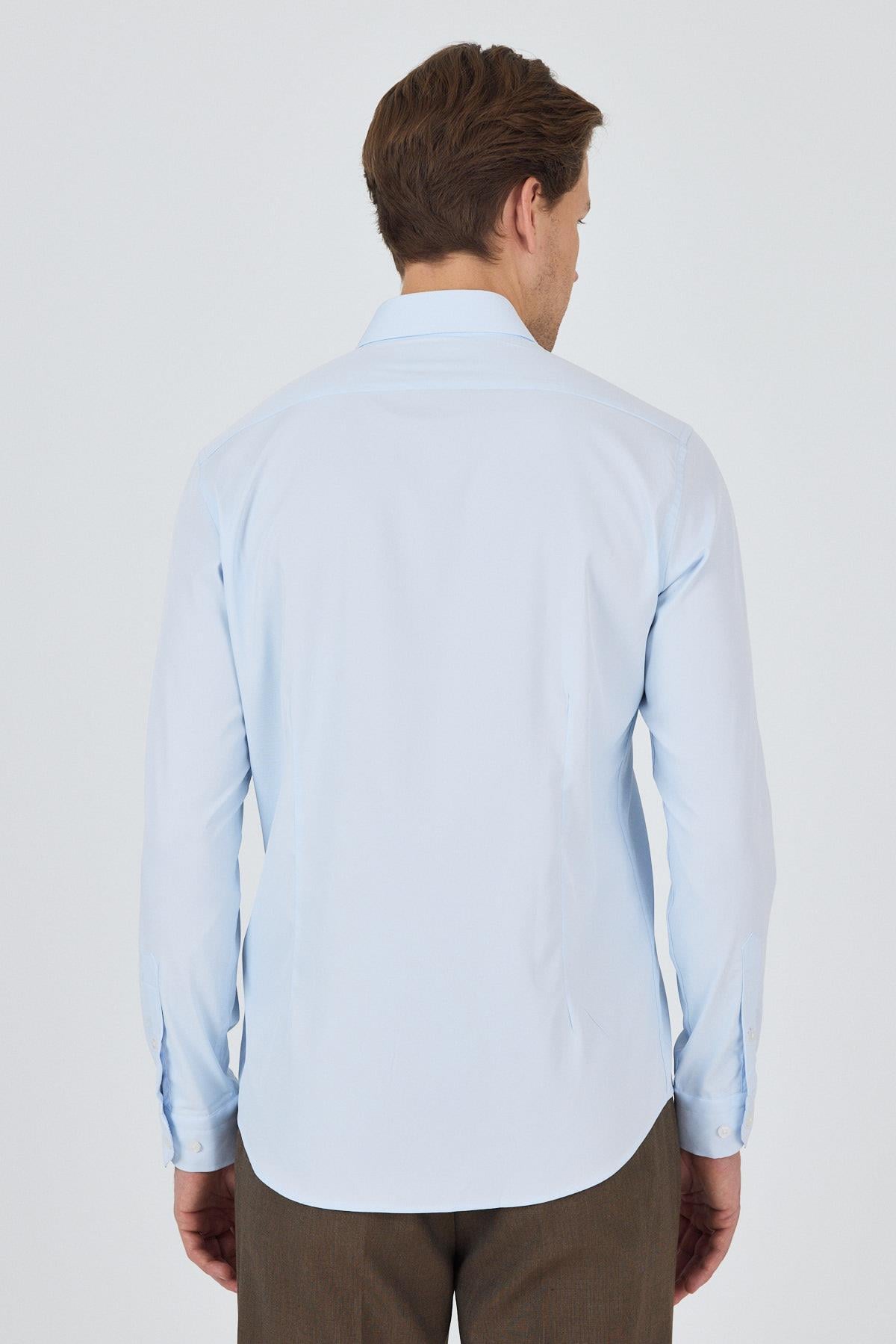 Mavi Sert Yaka Cepsiz Gabardin Uzun Kol Slim Fit Esnek Gömlek 1004250234