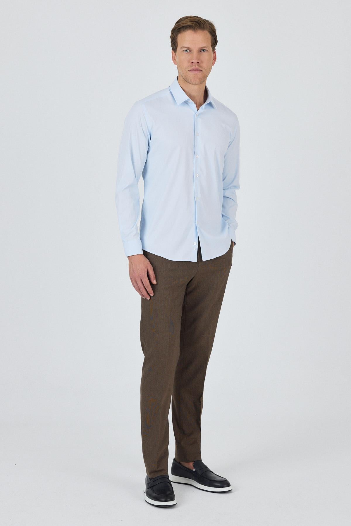 Mavi Sert Yaka Cepsiz Gabardin Uzun Kol Slim Fit Esnek Gömlek 1004250234