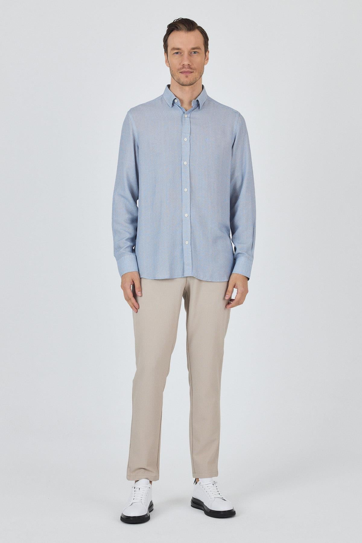 Mavi Uzun Kol Alttan Biritli Yaka Cepsiz Keten Casual Comfort Gömlek 1004250112_408