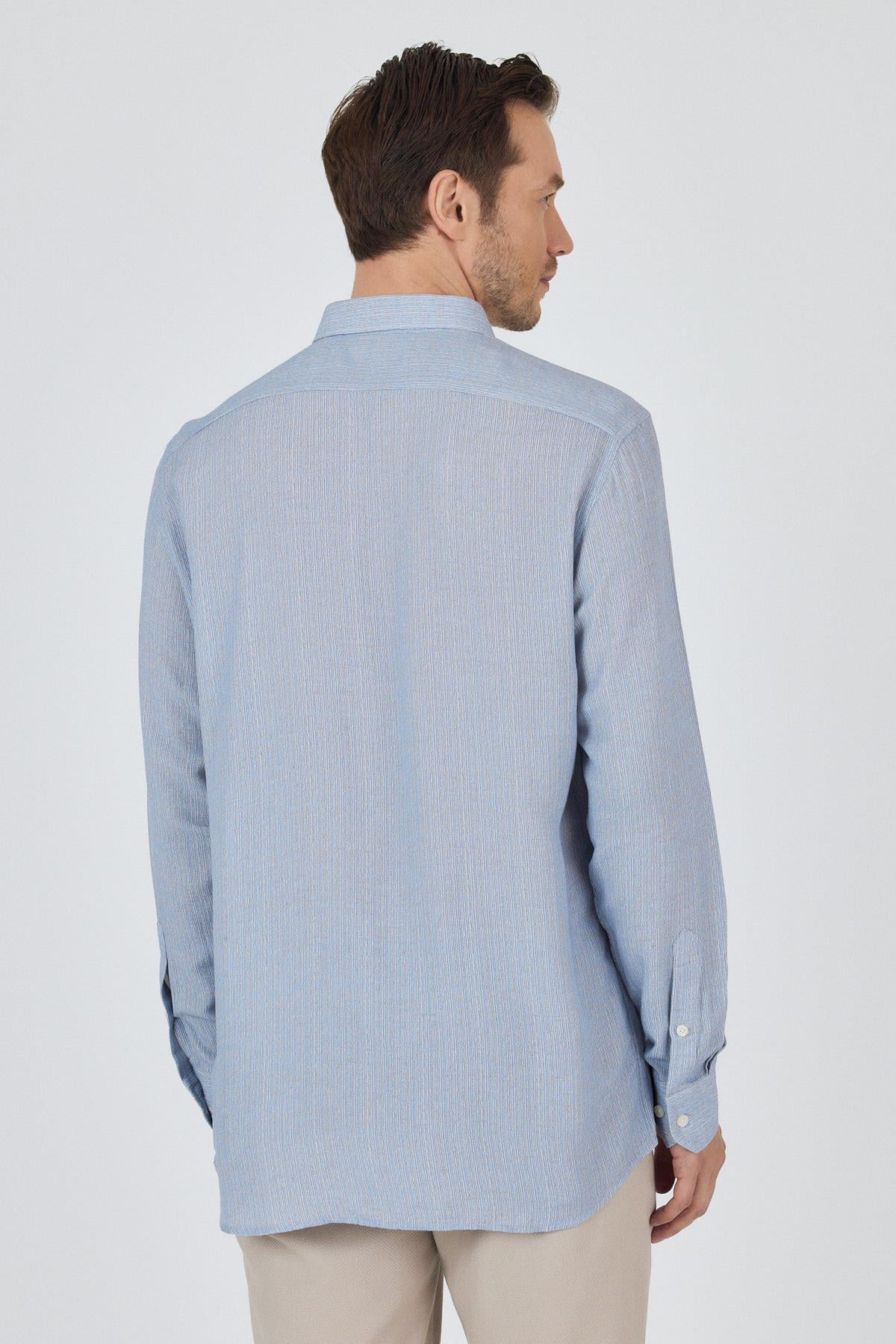 Mavi Uzun Kol Alttan Biritli Yaka Cepsiz Keten Casual Comfort Gömlek 1004250112_408
