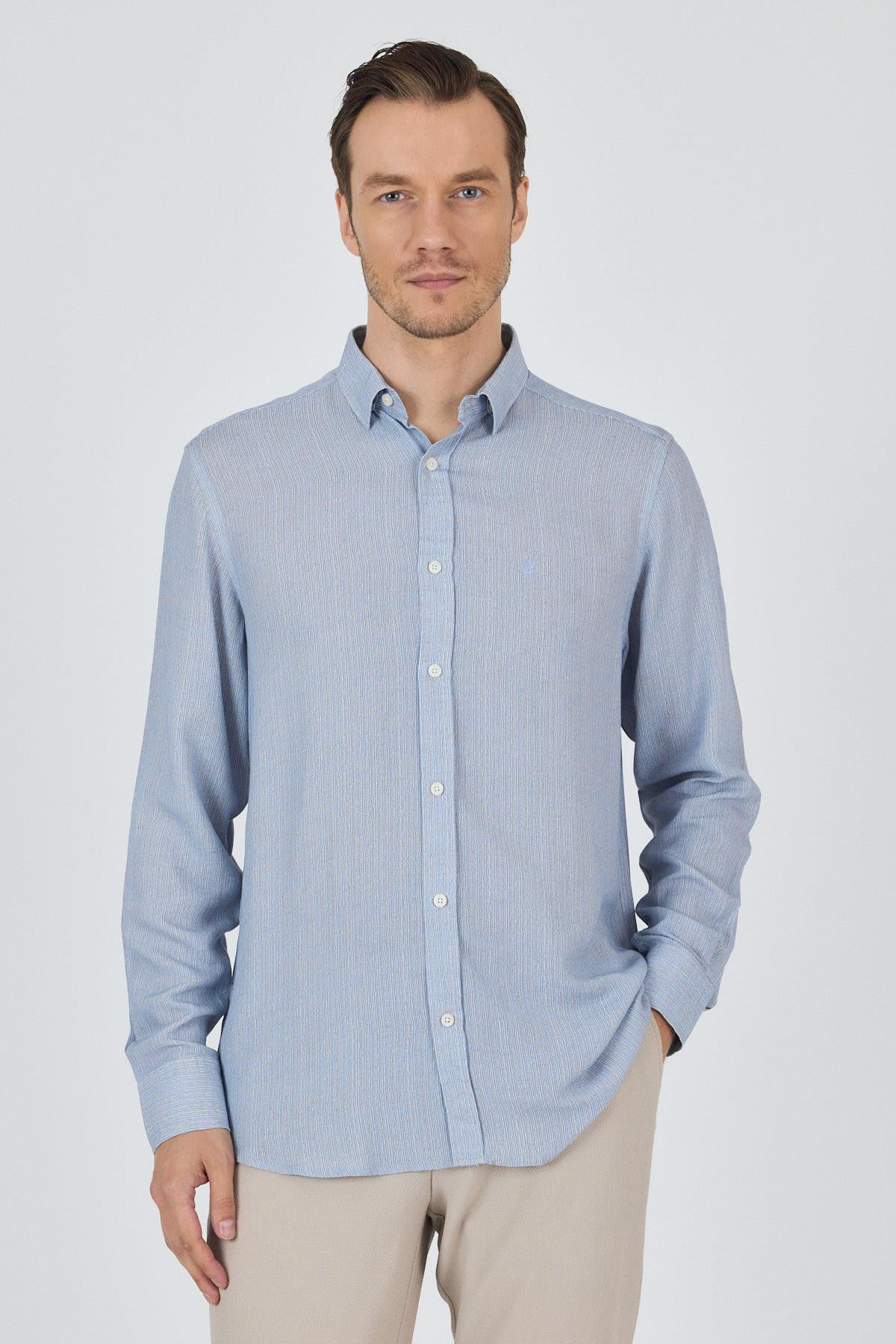 Mavi Uzun Kol Alttan Biritli Yaka Cepsiz Keten Casual Comfort Gömlek 1004250112_408