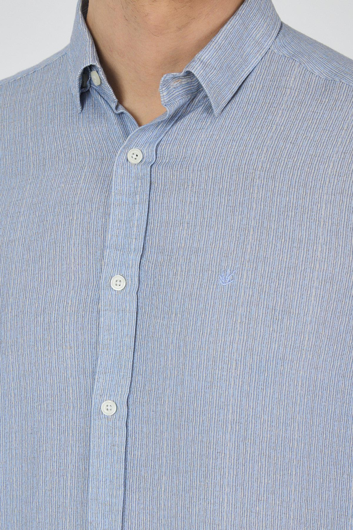 Mavi Uzun Kol Alttan Biritli Yaka Cepsiz Keten Casual Comfort Gömlek 1004250112_408