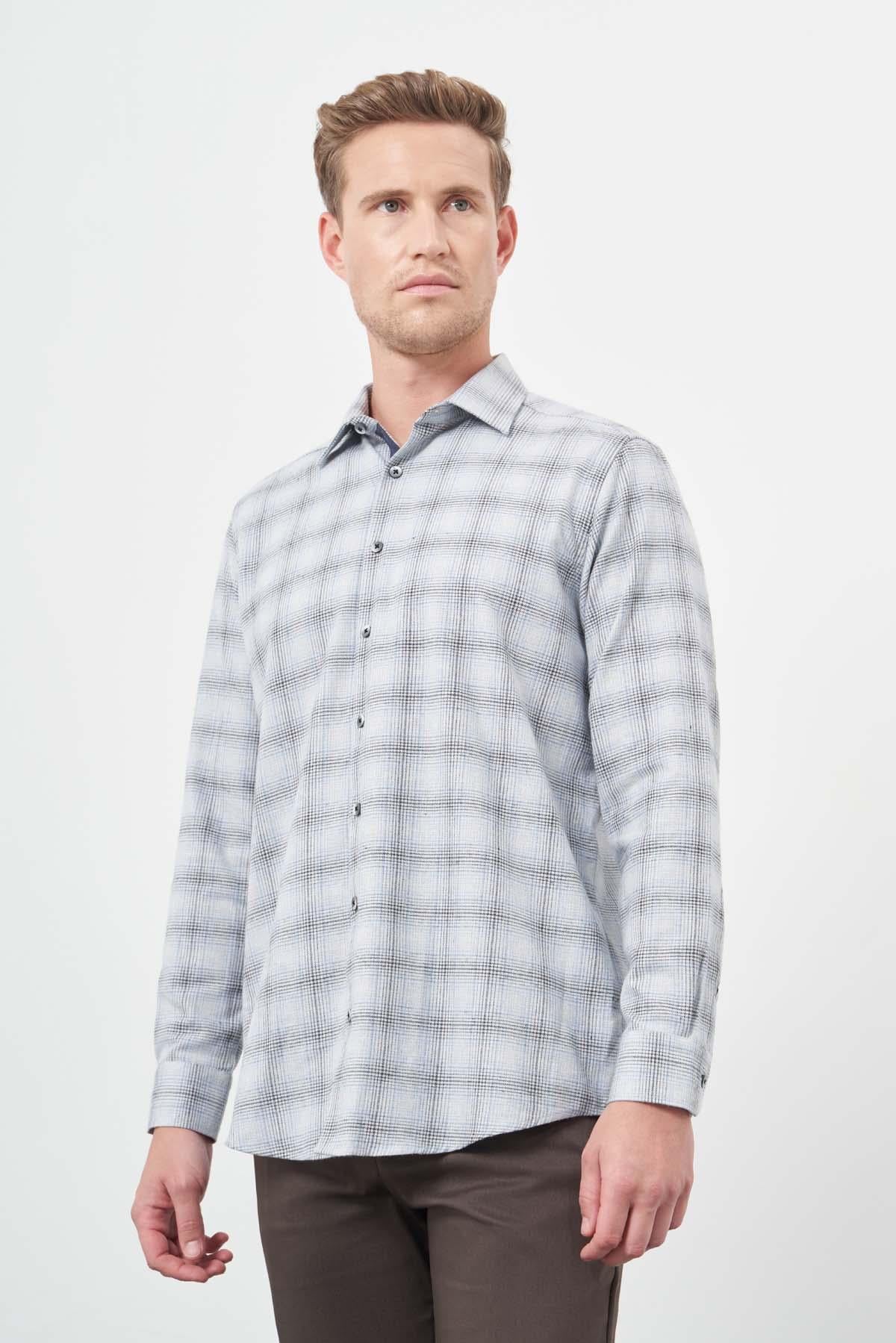Mavi Uzun Kol Ekose Desen Gabardin Cepsiz Pamuklu Classic Comfort Fit Gömlek 1004245165