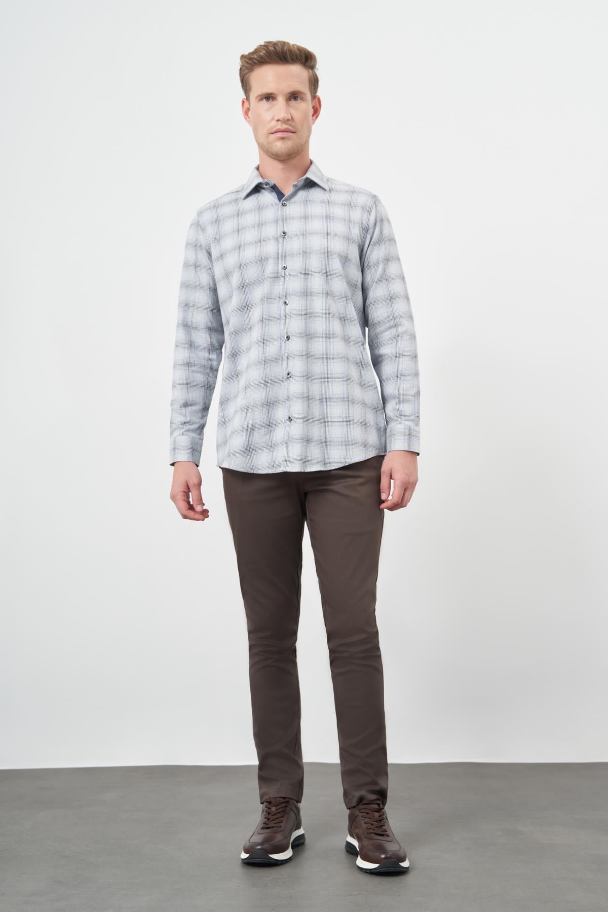 Mavi Uzun Kol Ekose Desen Gabardin Cepsiz Pamuklu Classic Comfort Fit Gömlek 1004245165