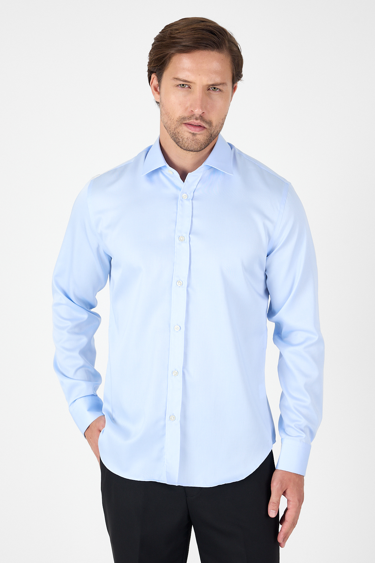 Mavi Uzun Kol İtalyan Yaka Kolay Ütü Slim Fit %100 Pamuk Gömlek 1004250269