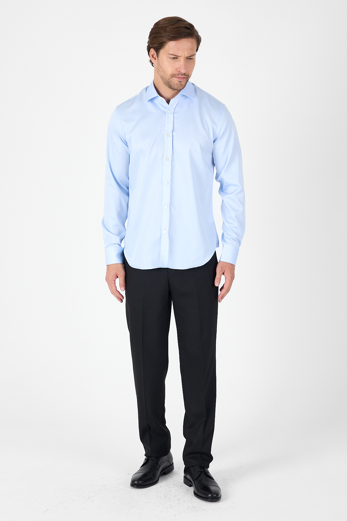 Mavi Uzun Kol İtalyan Yaka Kolay Ütü Slim Fit %100 Pamuk Gömlek 1004250269