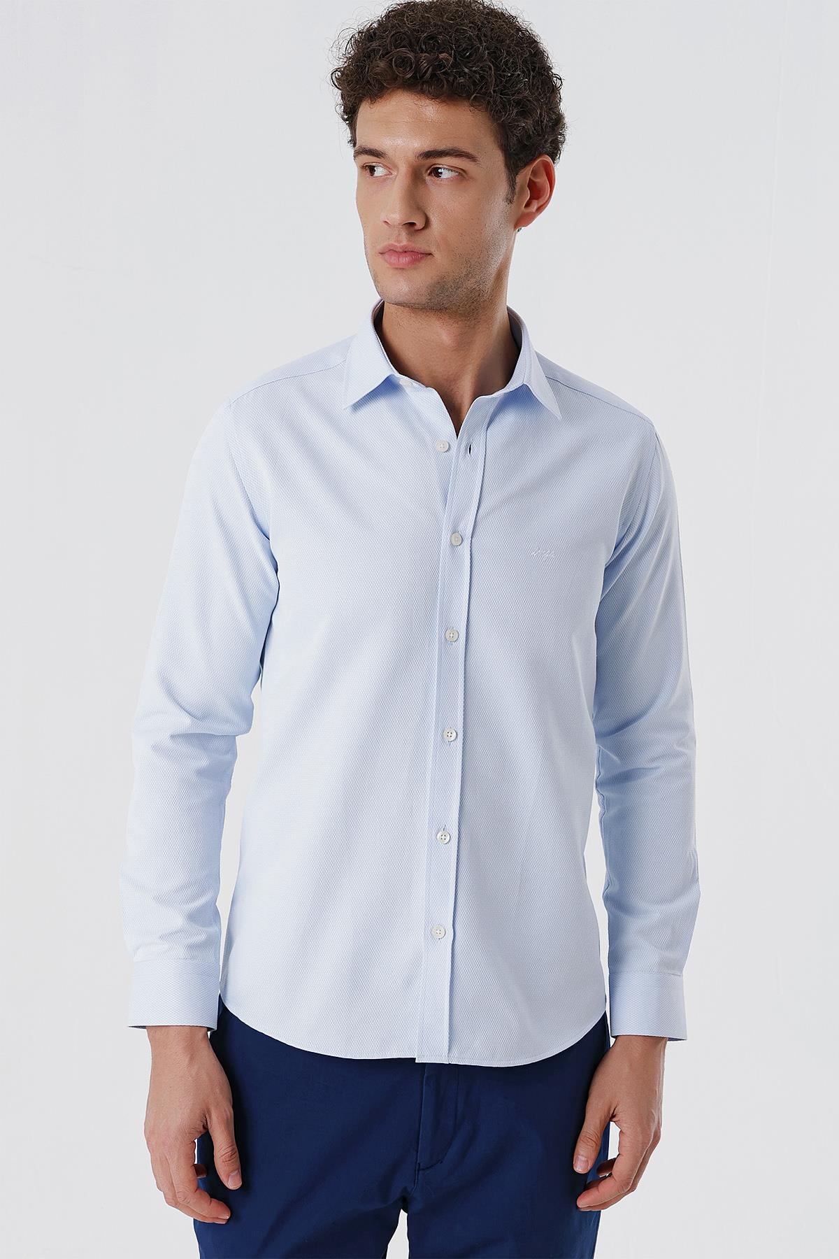 Mavi Uzun Kollu Armürlü Cepsiz Pamuklu Likralı Slim Fit Dar Kesim Gömlek 1004240193