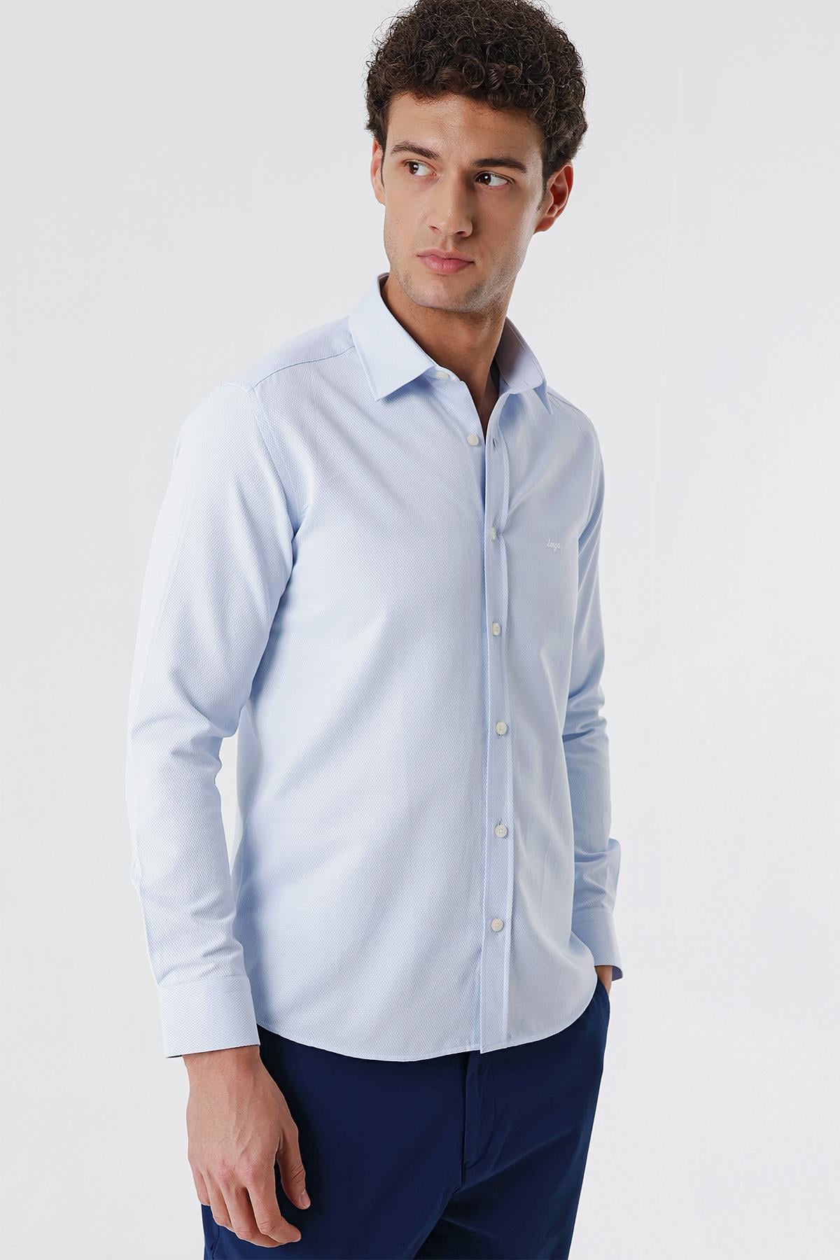 Mavi Uzun Kollu Armürlü Cepsiz Pamuklu Likralı Slim Fit Dar Kesim Gömlek 1004240193