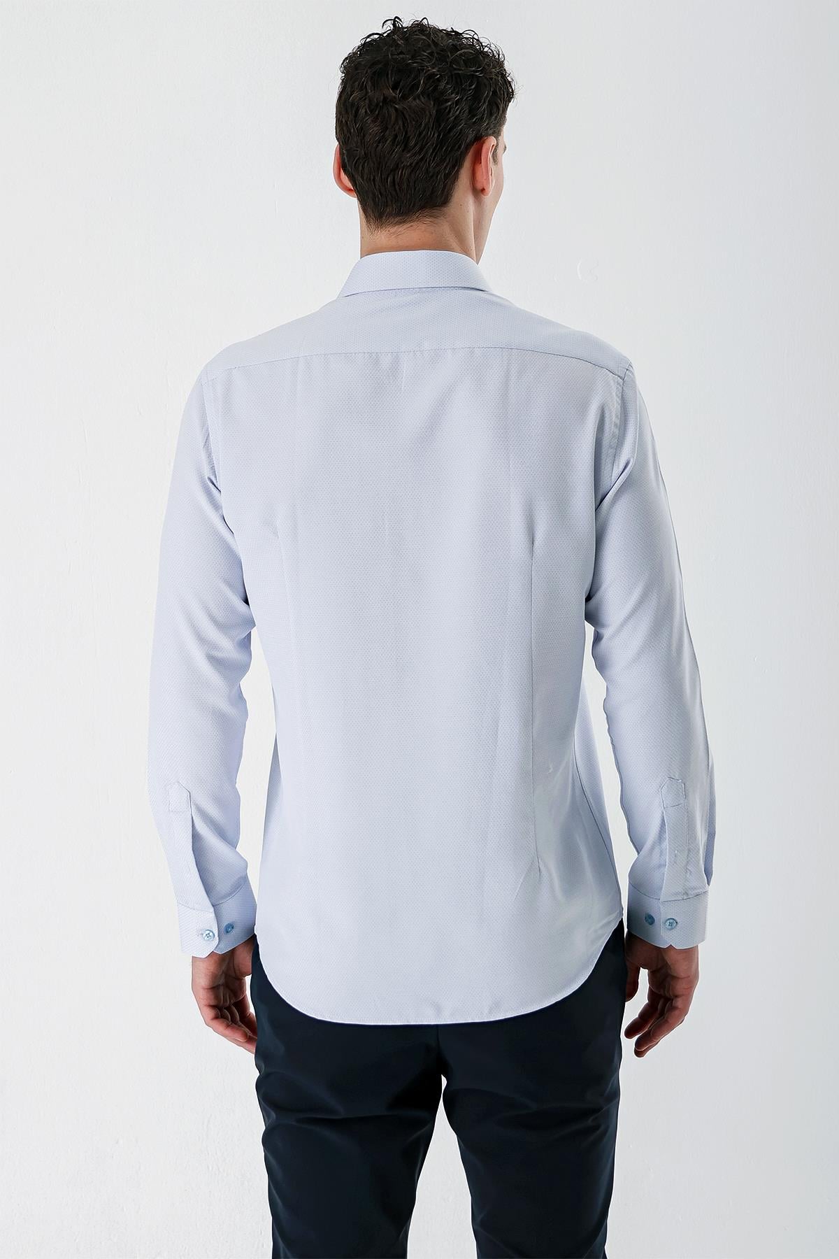 Mavi Uzun Kollu Armürlü Cepsiz Pamuklu Slim Fit Gömlek 1004235171