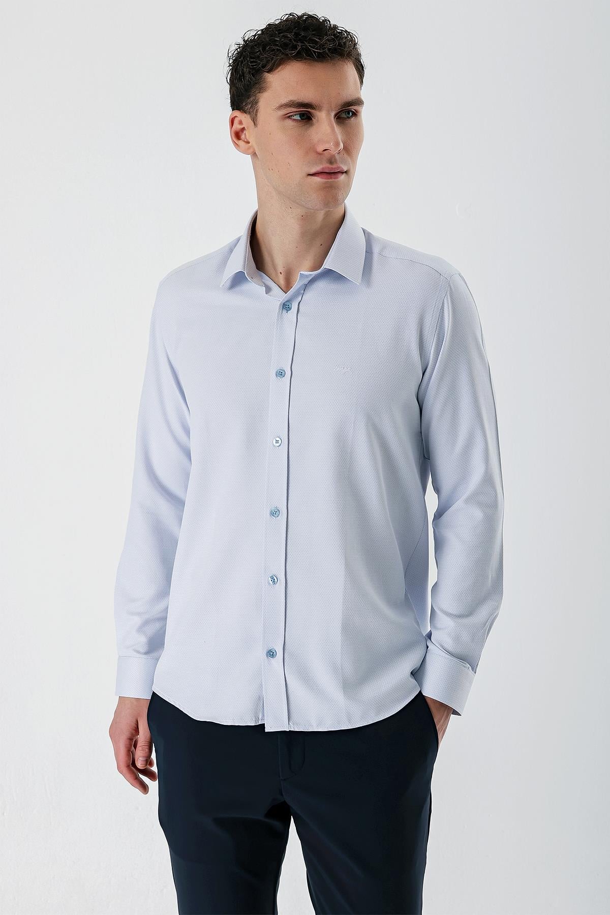 Mavi Uzun Kollu Armürlü Cepsiz Pamuklu Slim Fit Gömlek 1004235171