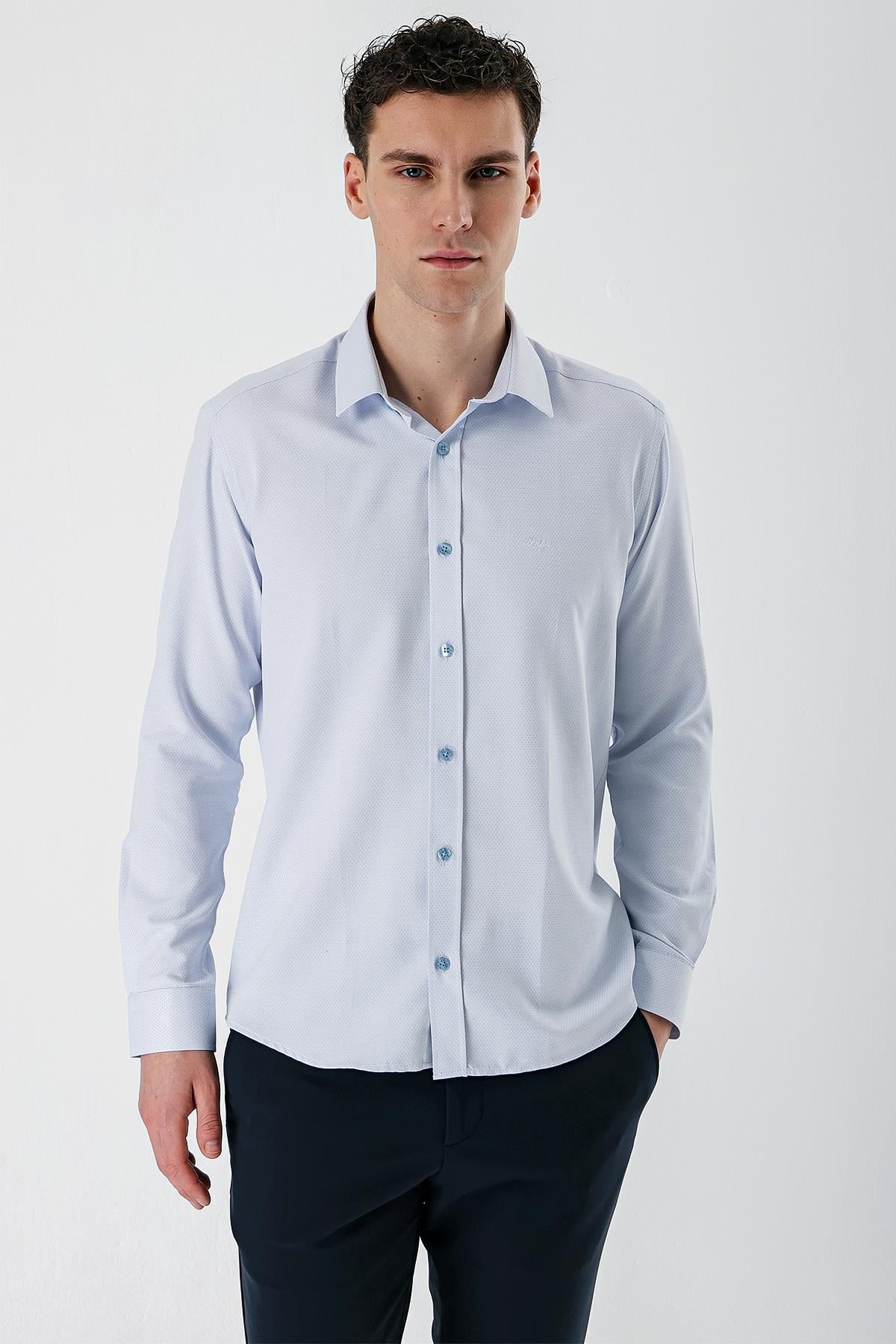 Mavi Uzun Kollu Armürlü Cepsiz Pamuklu Slim Fit Gömlek 1004235171