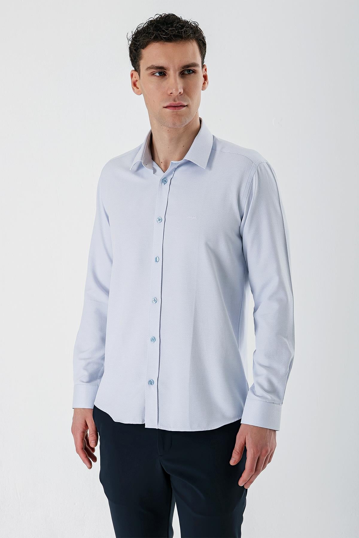 Mavi Uzun Kollu Armürlü Cepsiz Pamuklu Slim Fit Gömlek 1004235171
