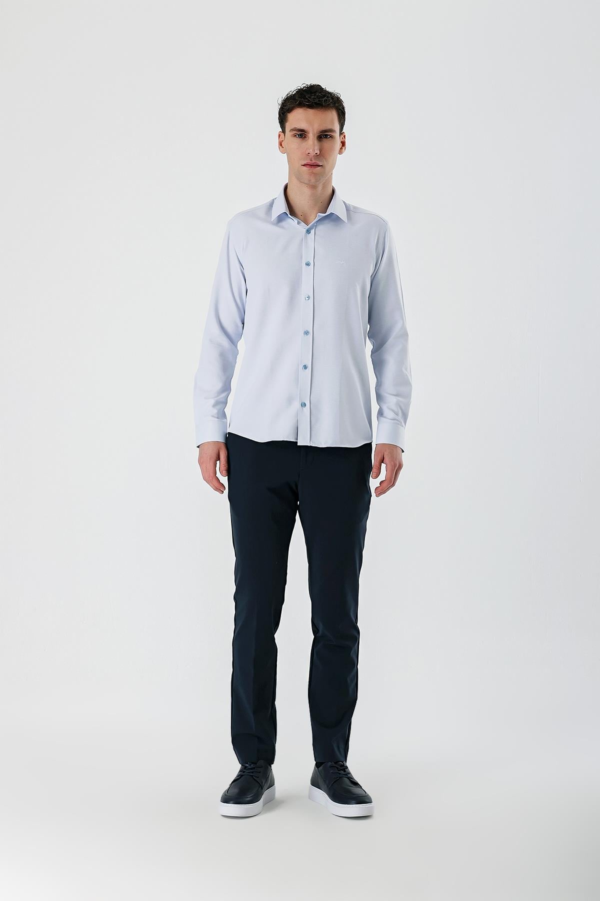 Mavi Uzun Kollu Armürlü Cepsiz Pamuklu Slim Fit Gömlek 1004235171