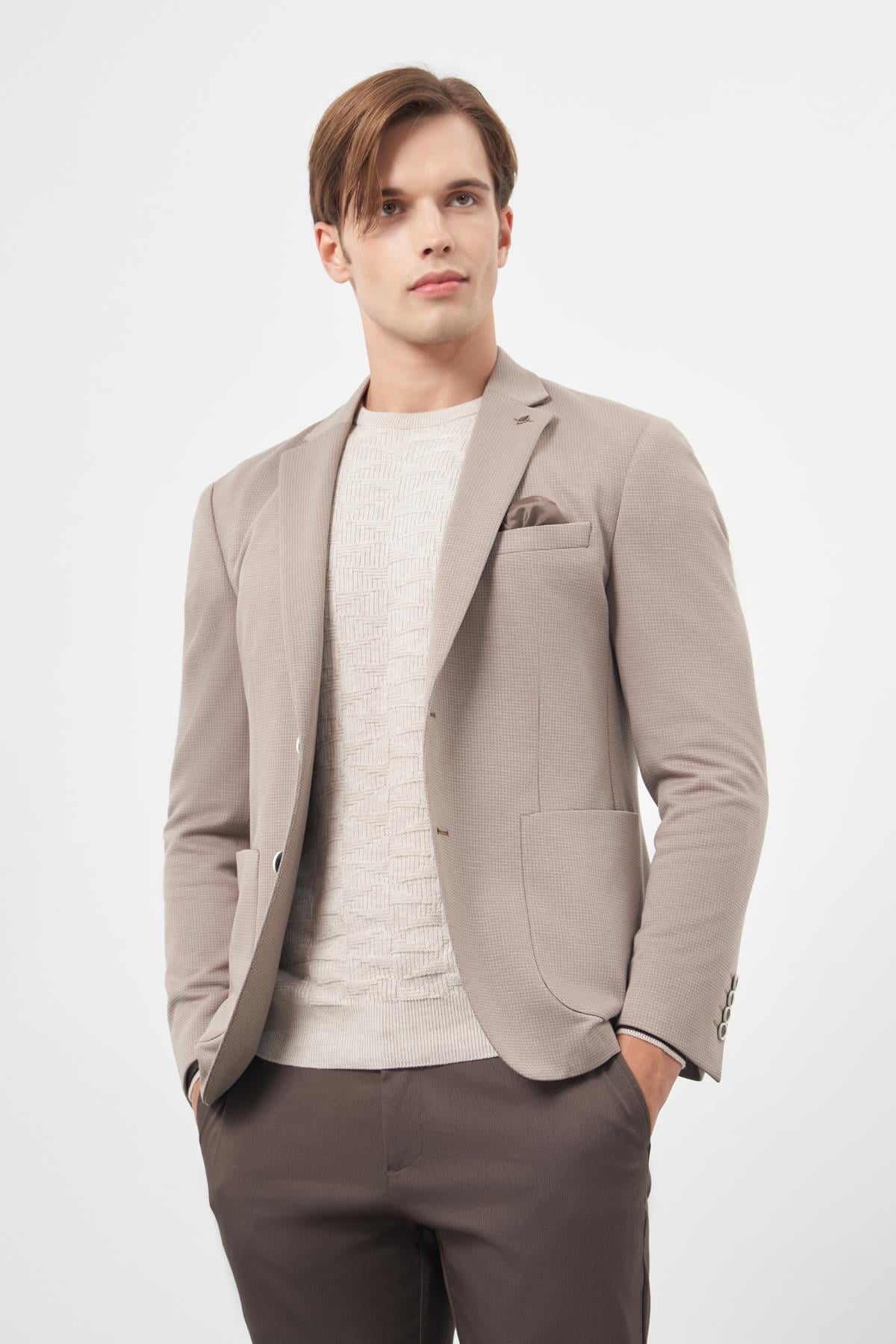 Kazayağı Desen Örme Mono Yaka 6 Drop Slim Fit Ceket 1002245150