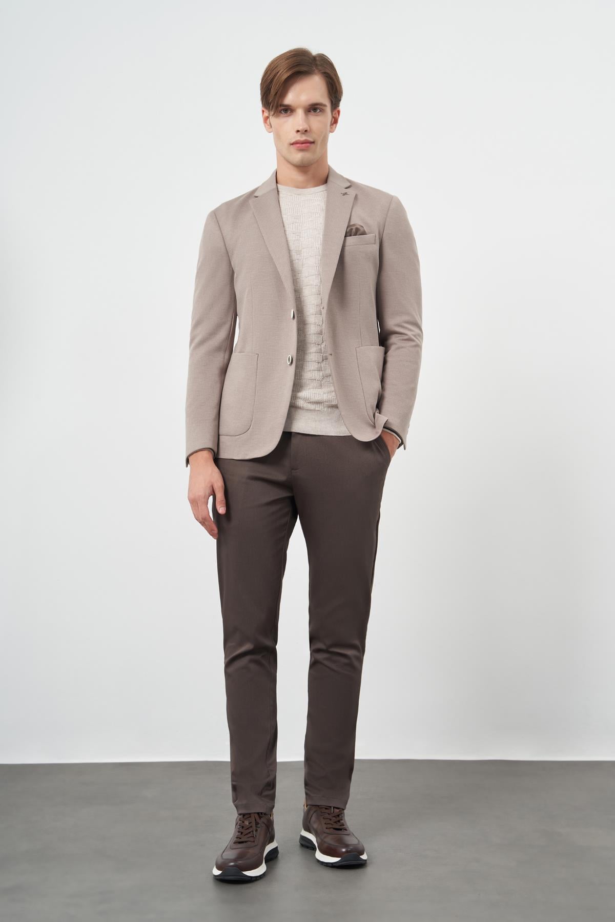 Kazayağı Desen Örme Mono Yaka 6 Drop Slim Fit Ceket 1002245150