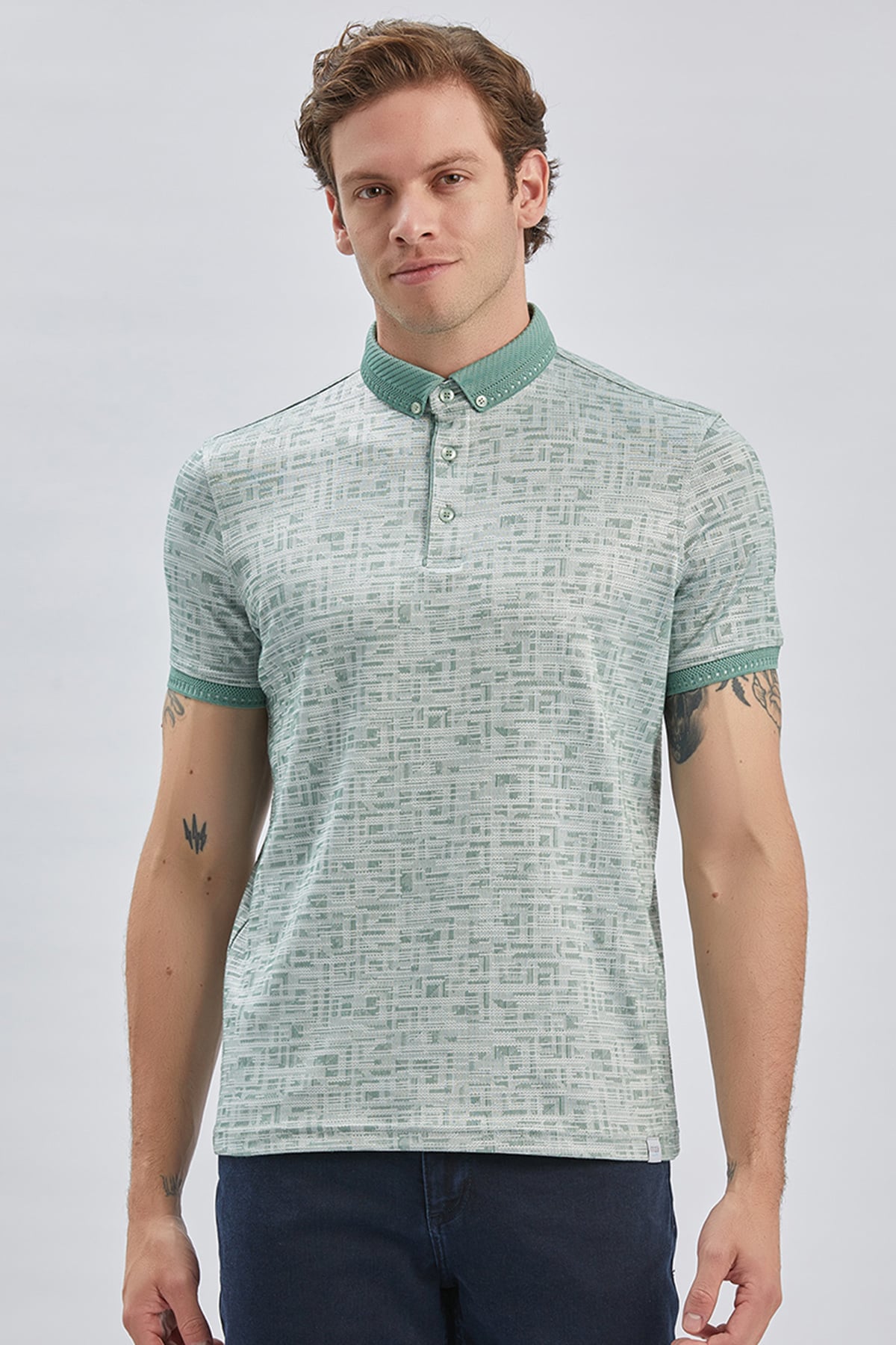Yeşil Desenli Merserize Düğmeli Yaka Pamuklu Casual Slim Fit Dar Kesim Tişört 1011240160