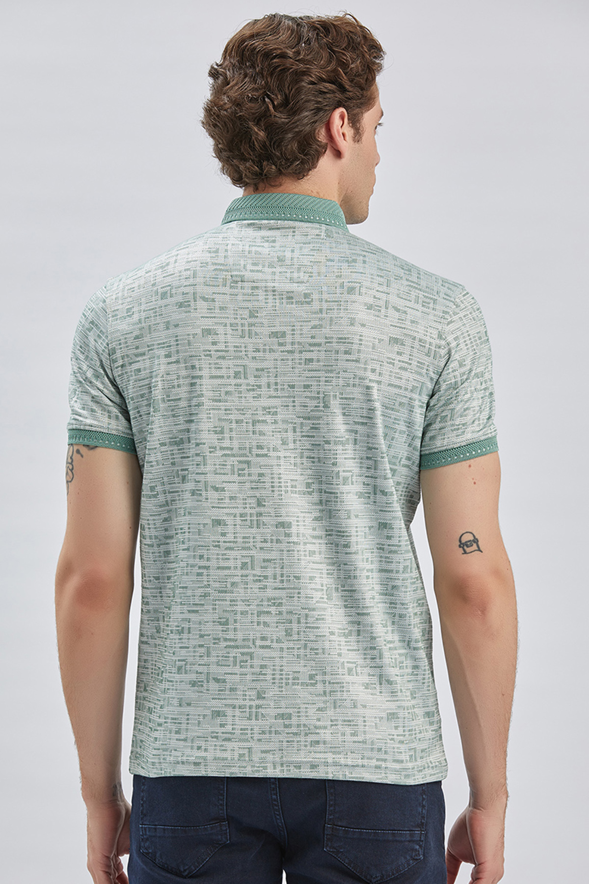 Yeşil Desenli Merserize Düğmeli Yaka Pamuklu Casual Slim Fit Dar Kesim Tişört 1011240160