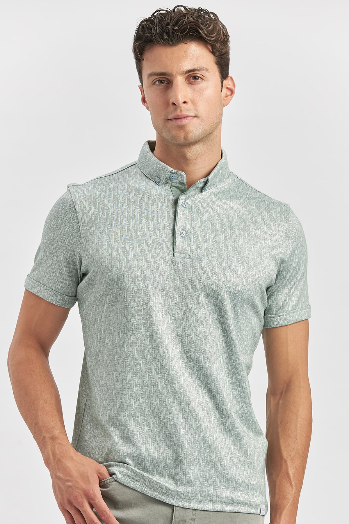 Yeşil Desenli Merserize Düğmeli Yaka Pamuklu Casual Slim Fit Dar Kesim Tişört 1011240163