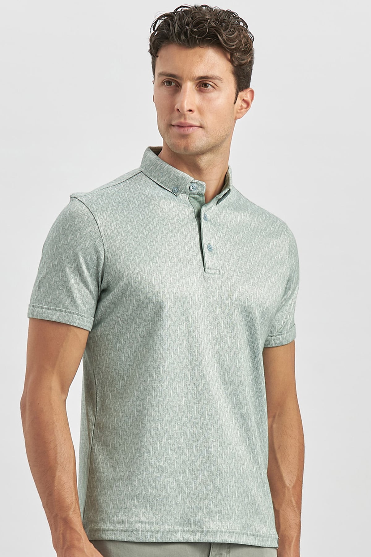 Yeşil Desenli Merserize Düğmeli Yaka Pamuklu Casual Slim Fit Dar Kesim Tişört 1011240163