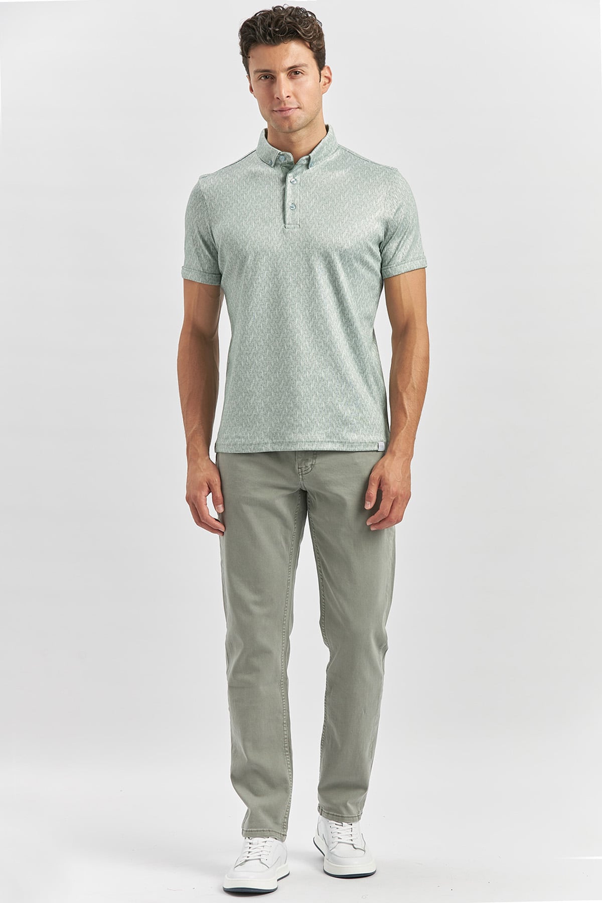 Yeşil Desenli Merserize Düğmeli Yaka Pamuklu Casual Slim Fit Dar Kesim Tişört 1011240163