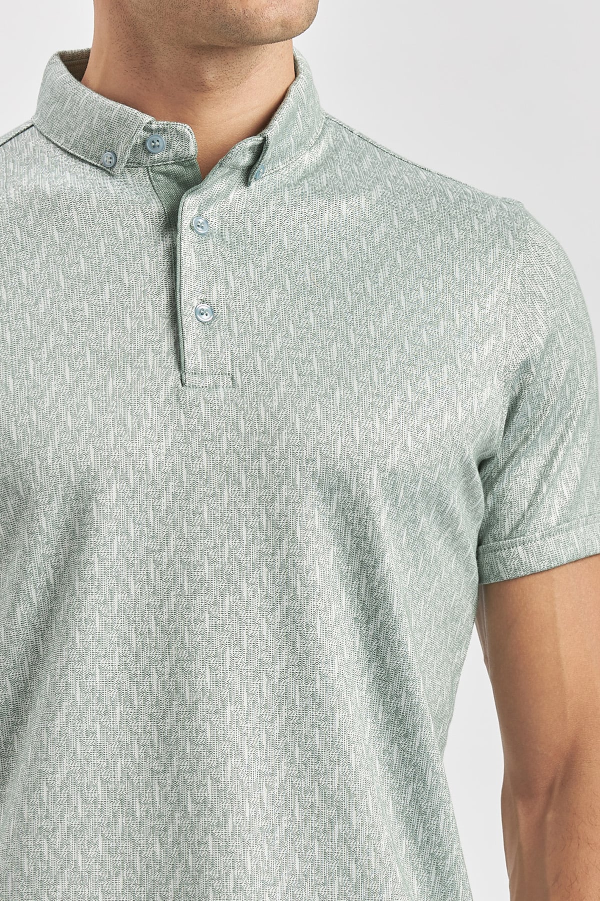 Yeşil Desenli Merserize Düğmeli Yaka Pamuklu Casual Slim Fit Dar Kesim Tişört 1011240163