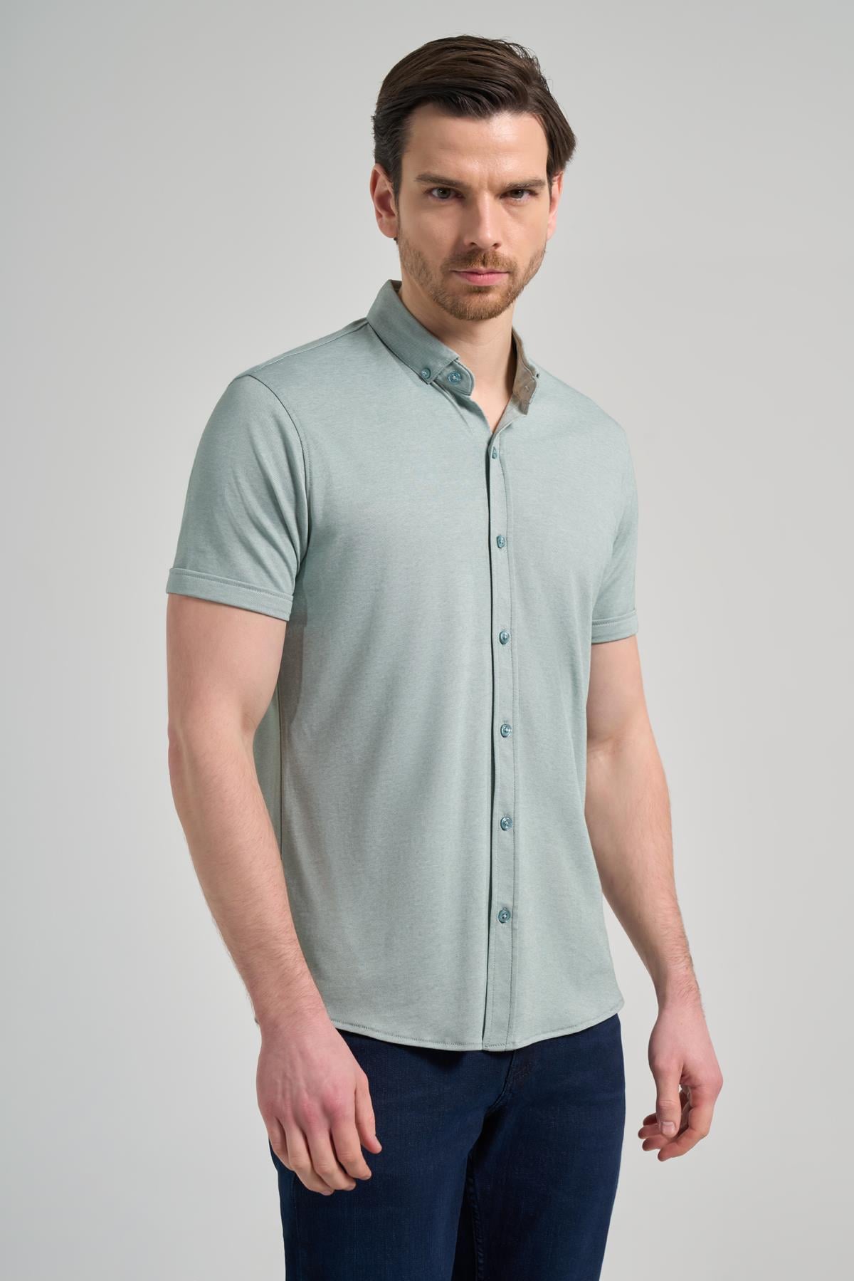 Yeşil Uzun Kol Düz Örme Düğmeli Yaka Cepsiz Pamuklu Classic Slim Fit Gömlek 1004250152