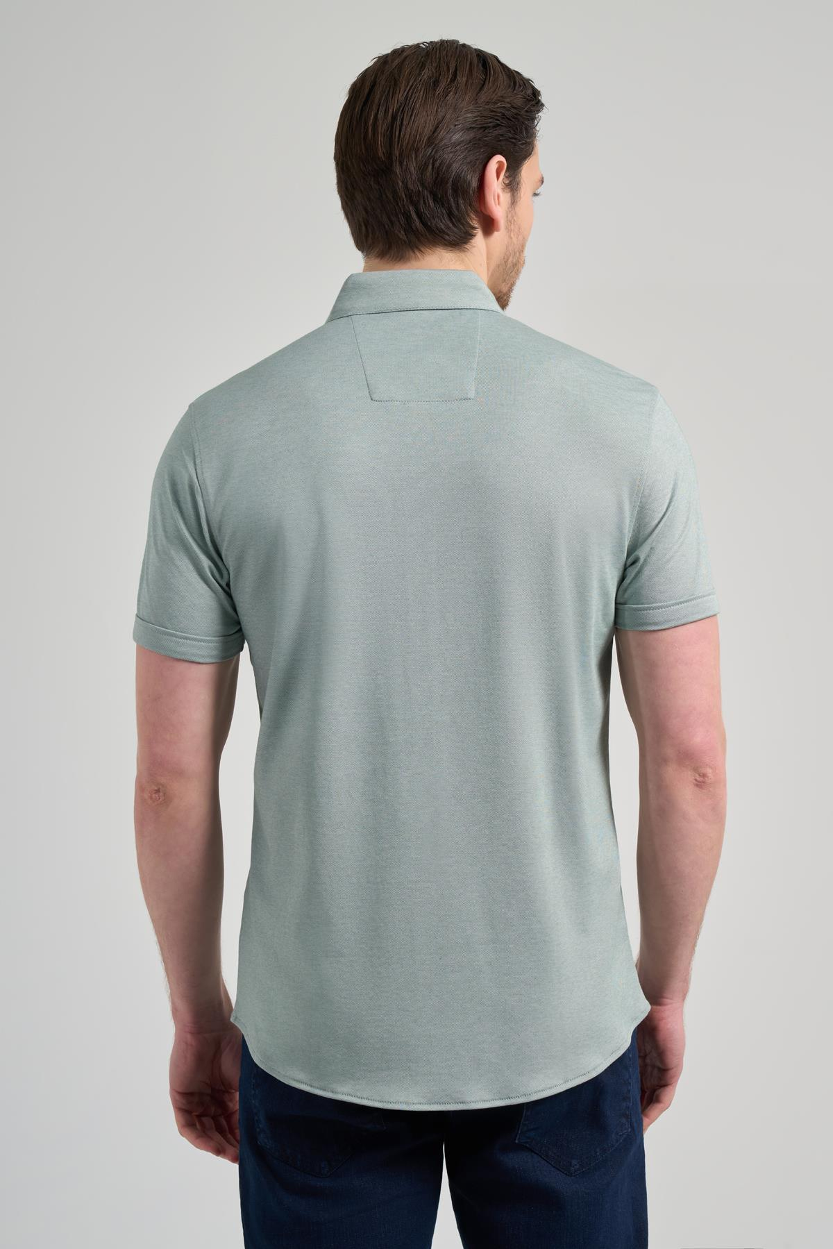 Yeşil Uzun Kol Düz Örme Düğmeli Yaka Cepsiz Pamuklu Classic Slim Fit Gömlek 1004250152