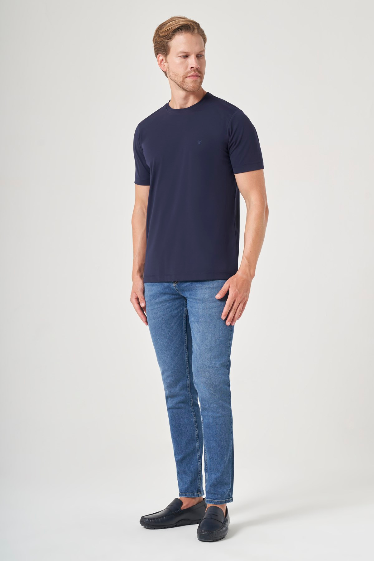 Lacivert Bisiklet Yaka Kısa Kol Örme Slim Fit Esnek Basic Tişört 1011260184
