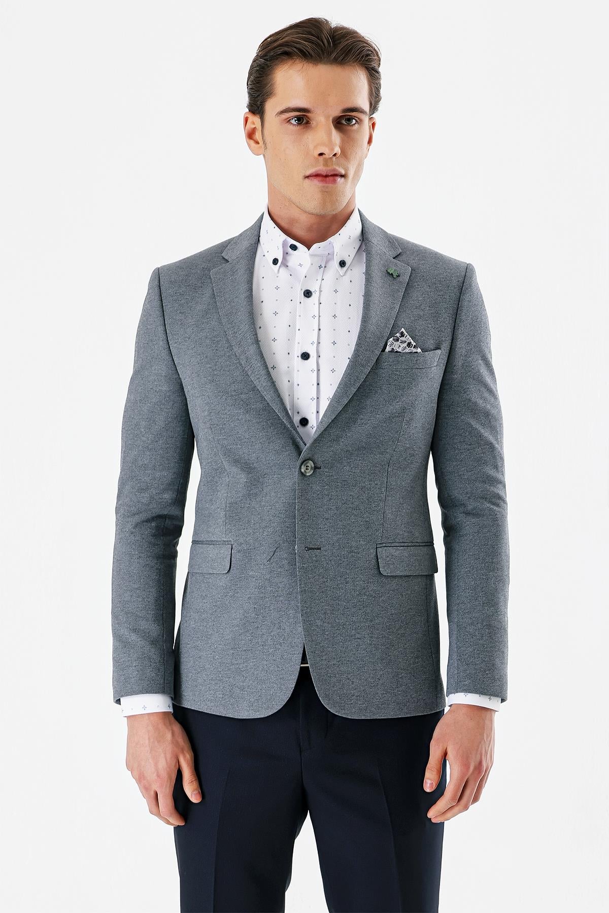 Lacivert Mono Yaka Çift Yırtmaç Likralı 6 Drop Slim Fit Klasik Ceket 1002240151